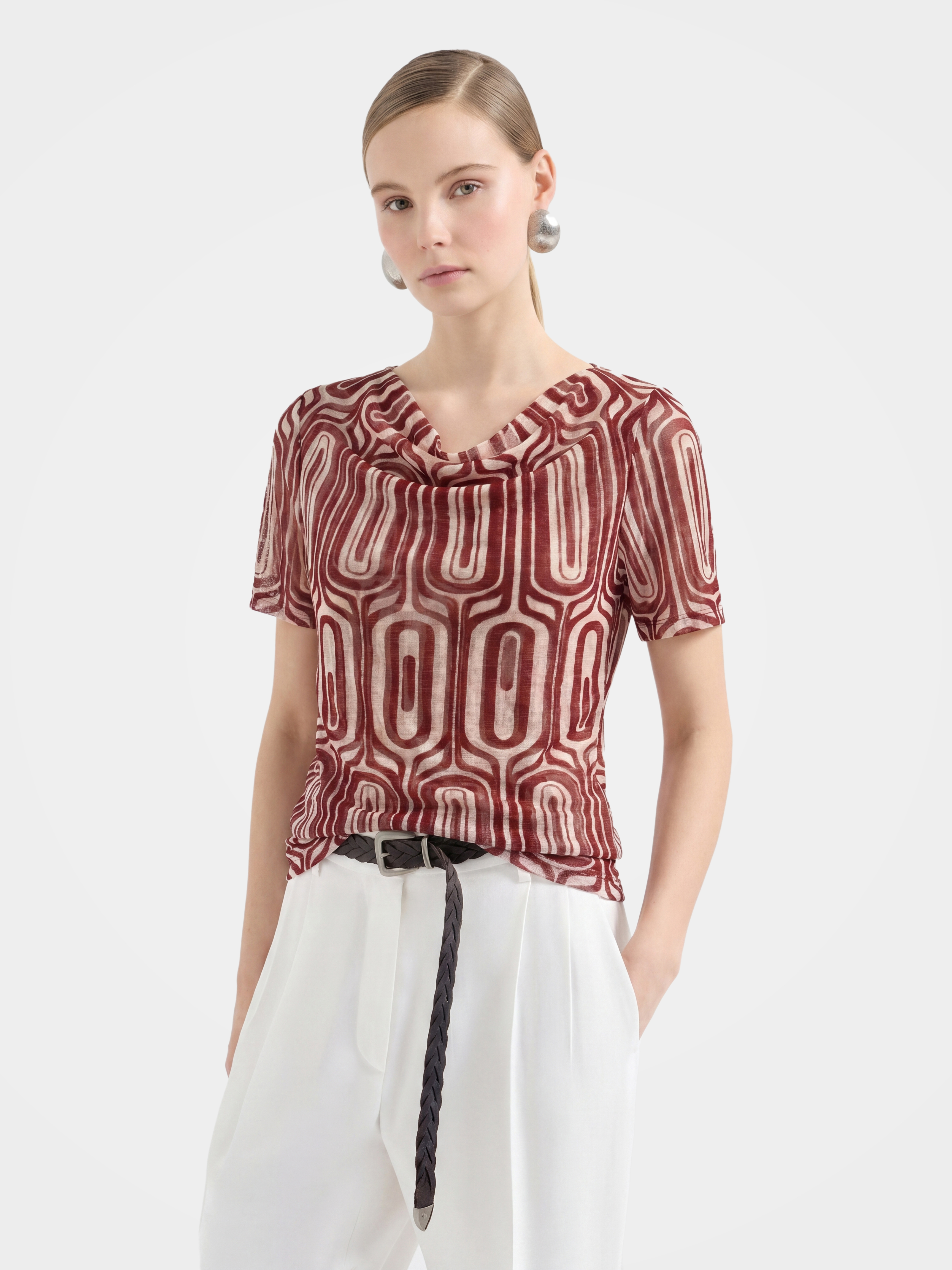 Printed Breathable Silk Cowl Neck Short Sleeve Top