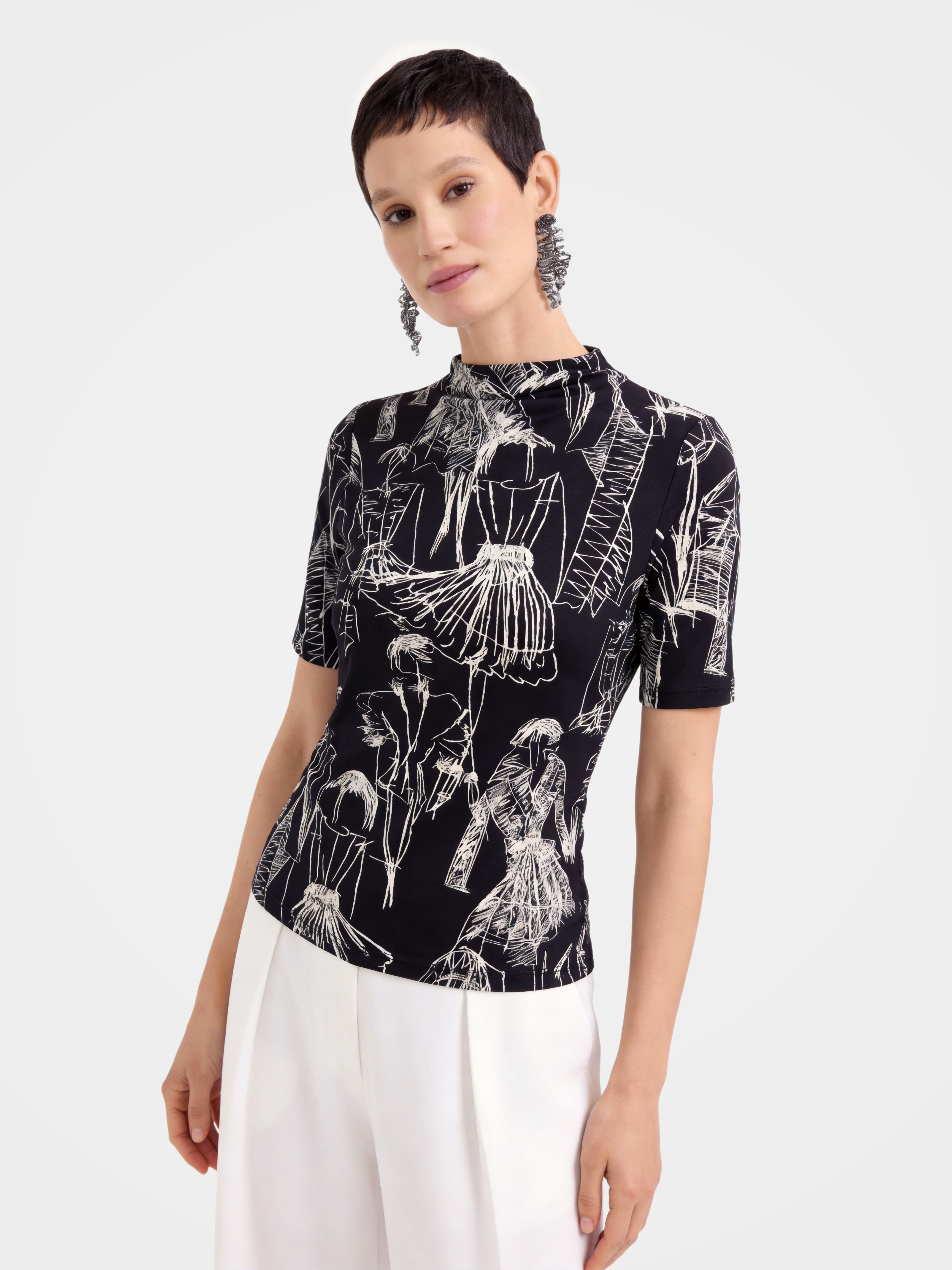 Printed Breathable Silk Mock Neck Short Sleeve Top