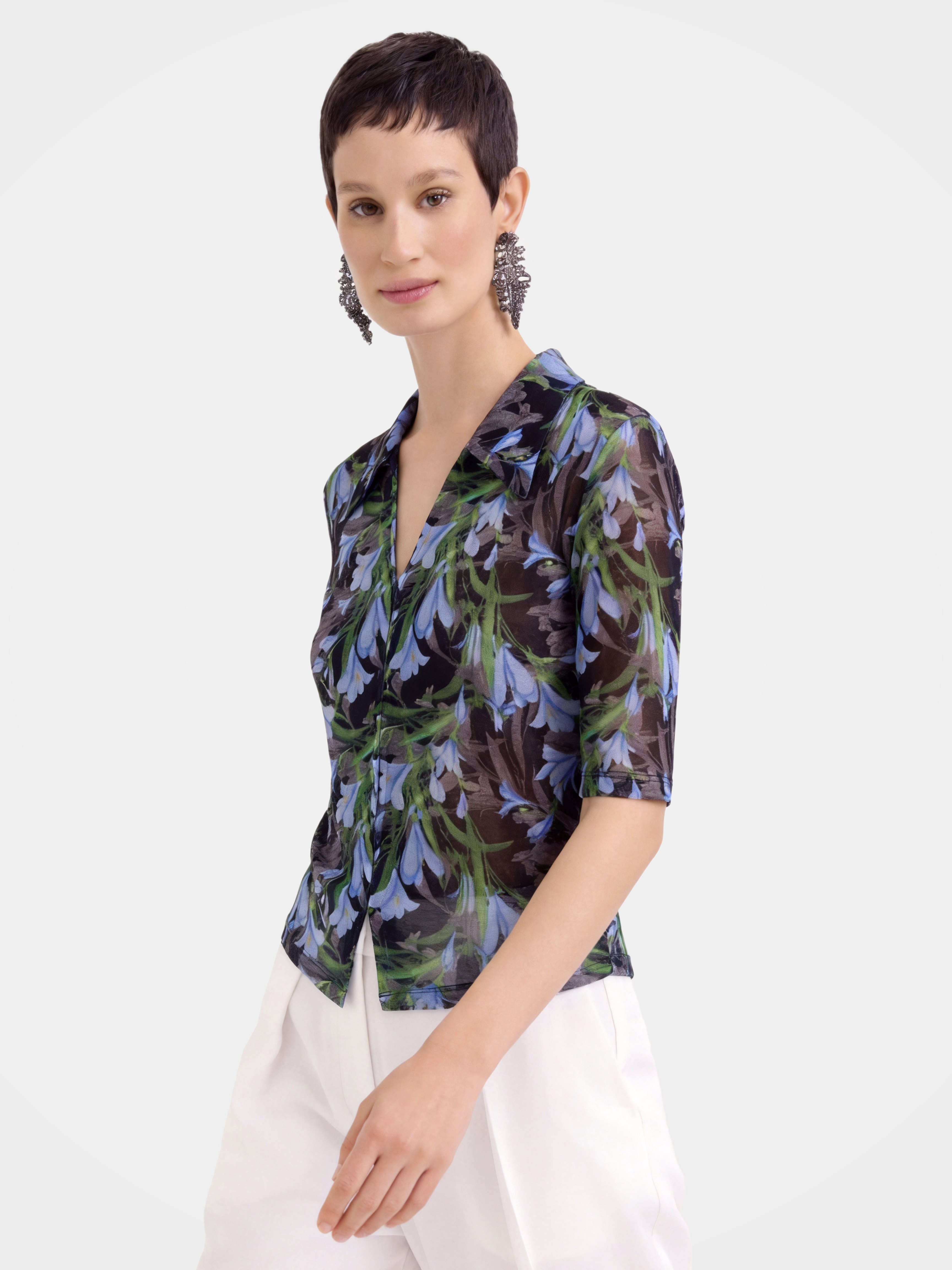 Lightweight Stretchy Printed Mesh V Neck Blouse