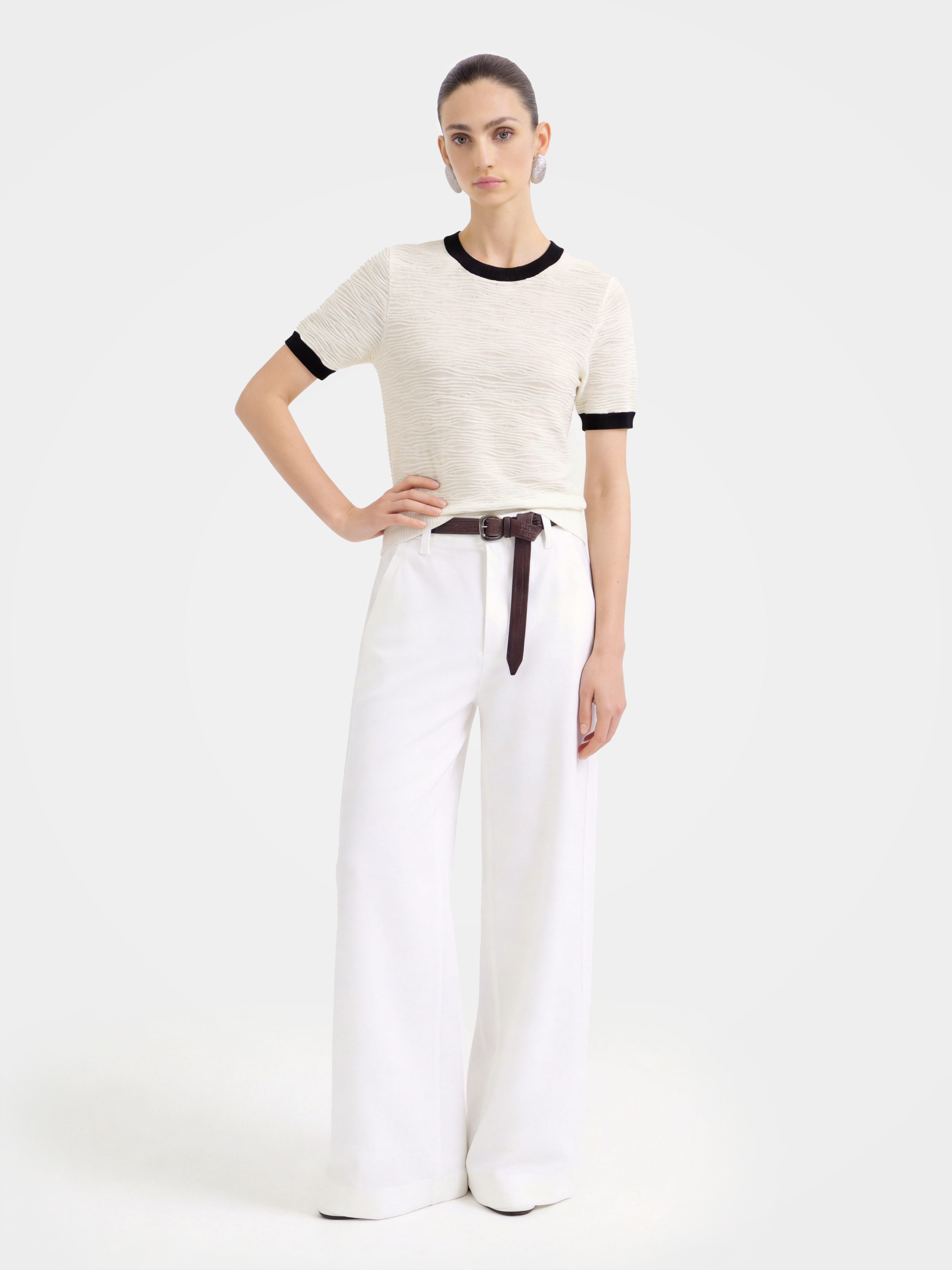 Refined Wool Silk Wave Texture Short Sleeve Top
