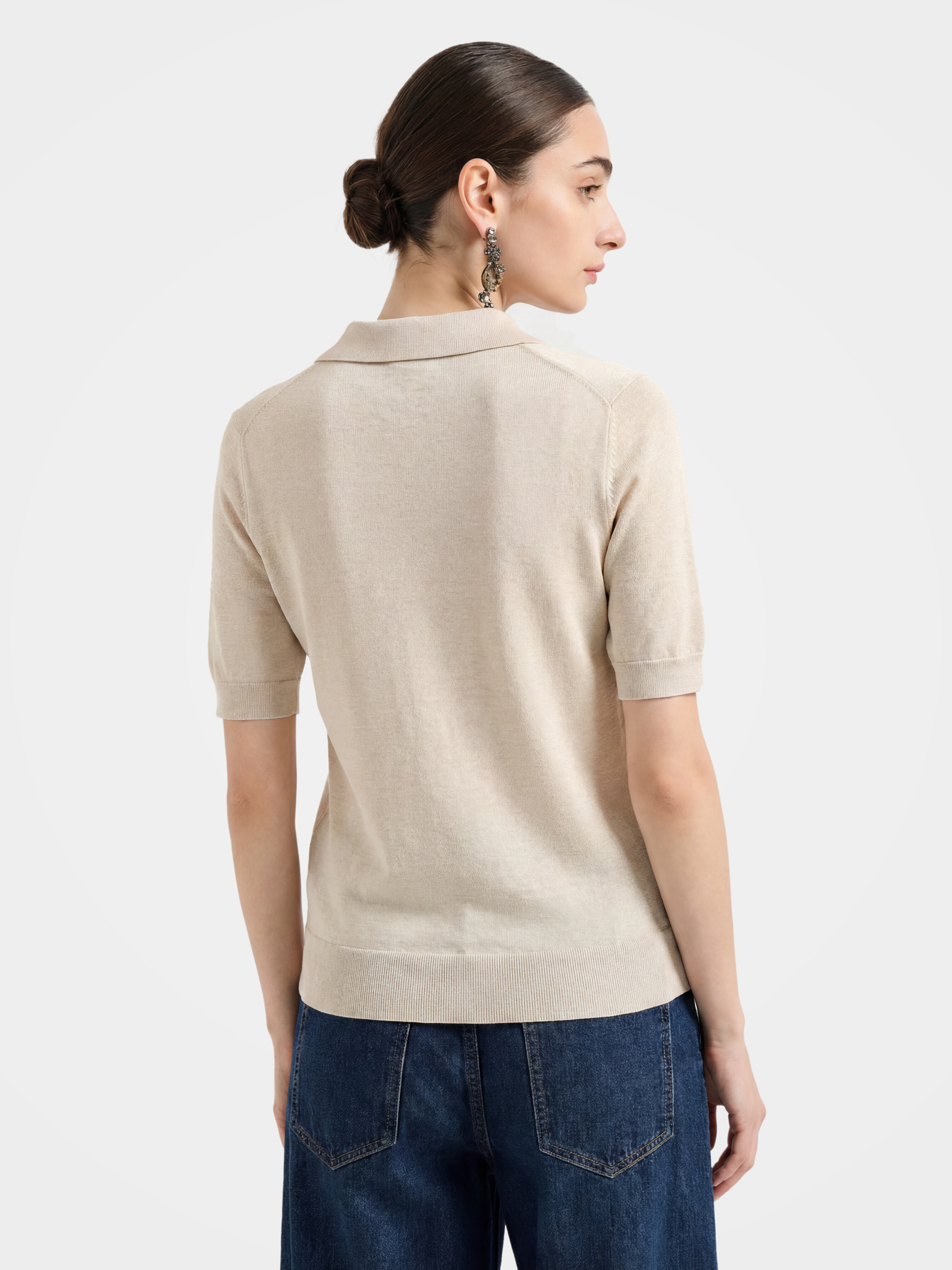 Minimalist Cotton Knit Polo Top with Jewel Buttons