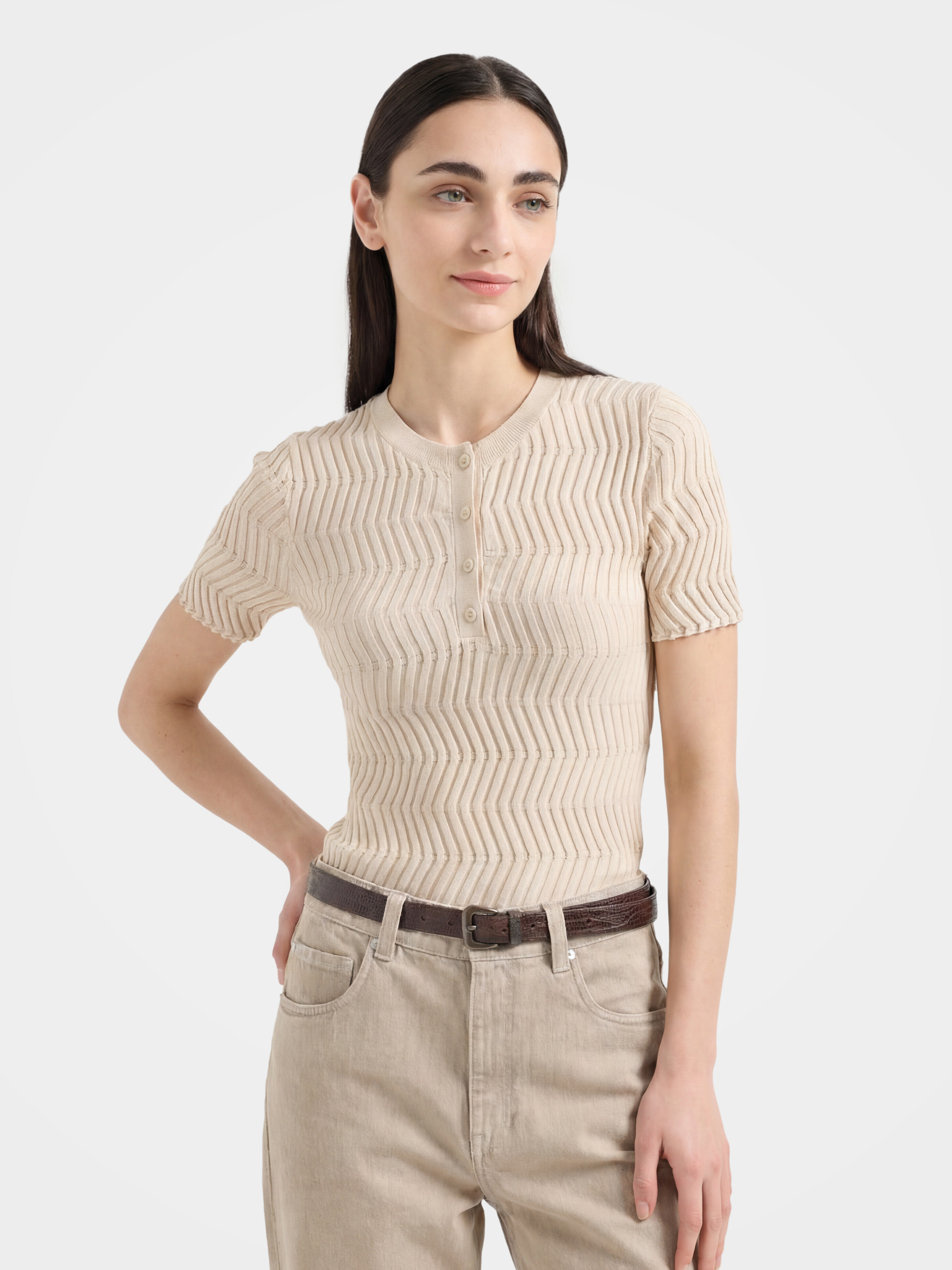Minimalist Ribbed Knit Button Front Short Sleeve Pullover