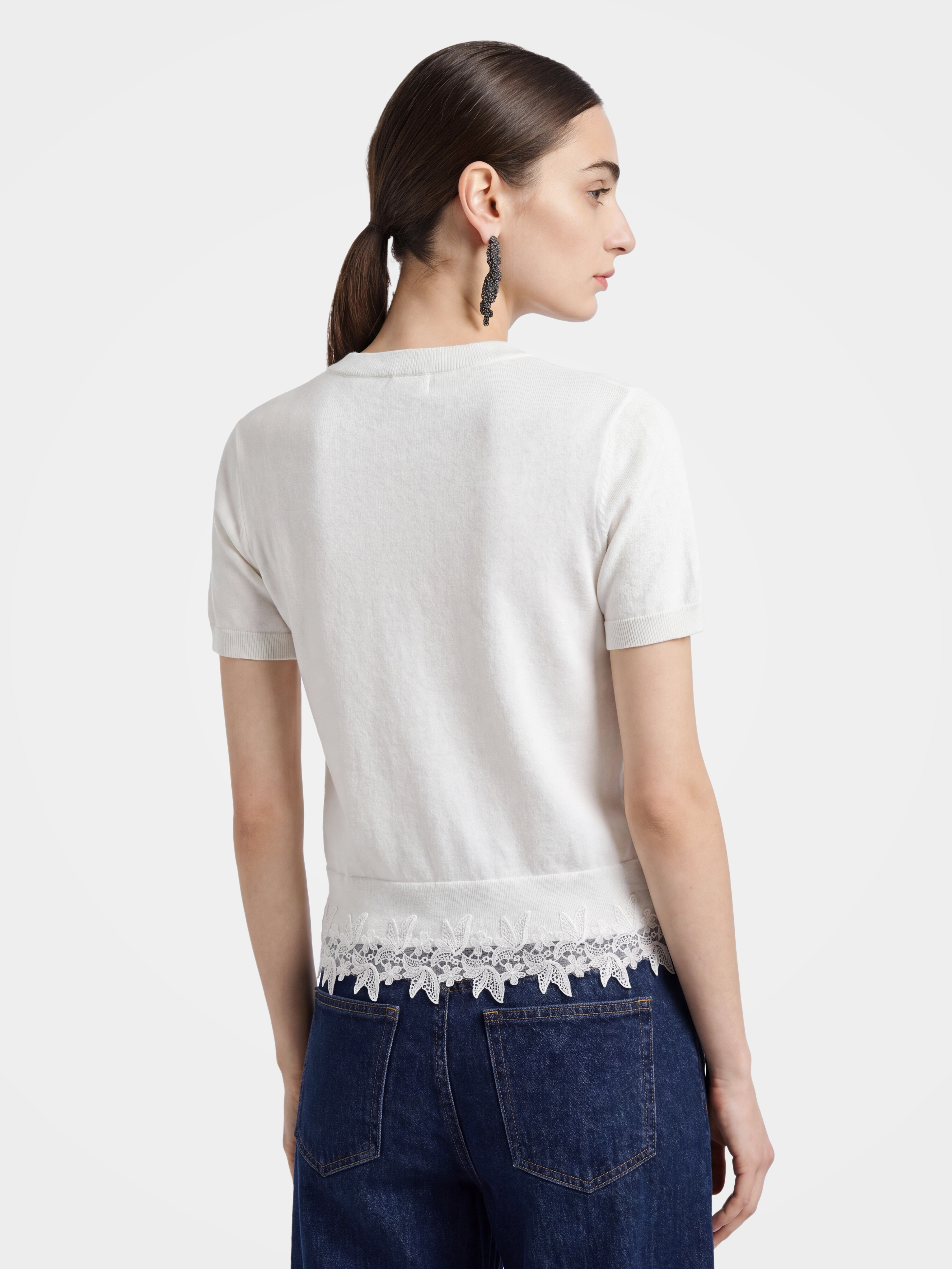 Lightweight Button Front Knit Top with Lace Trim