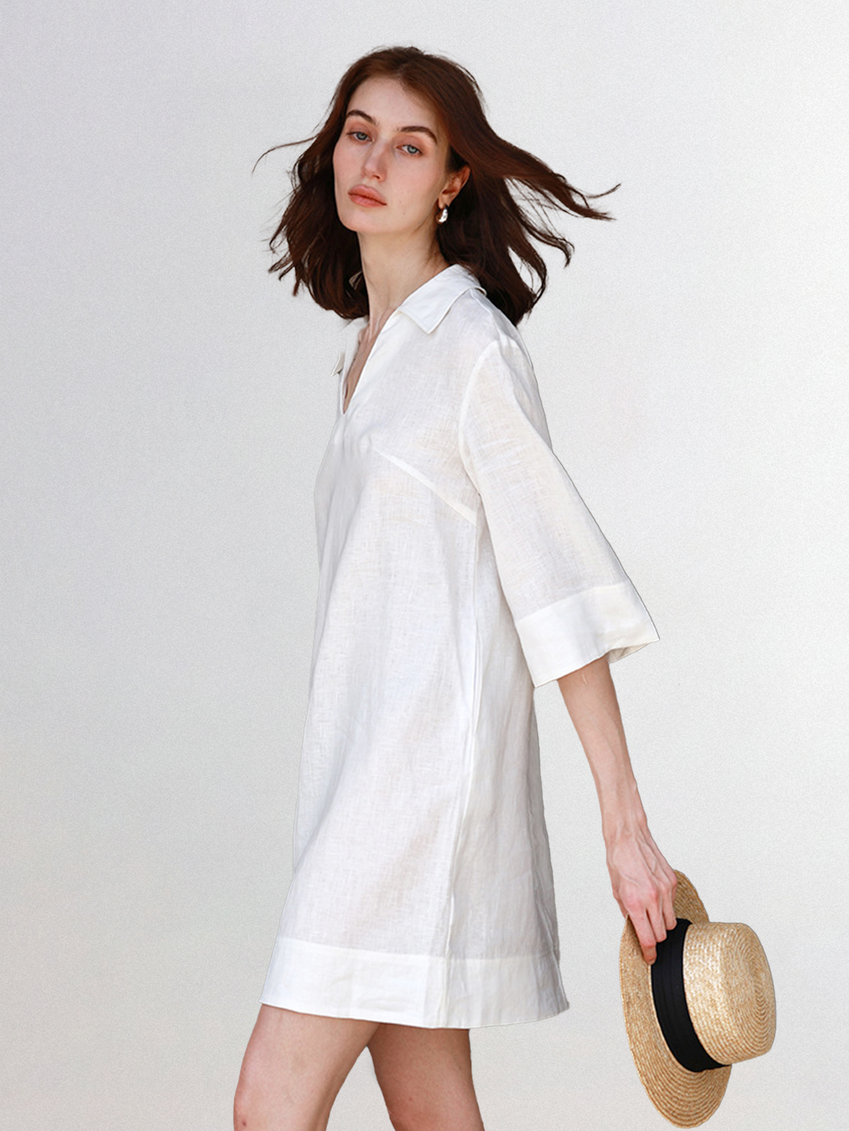 White Linen 3/4 Sleeve Midi Dress