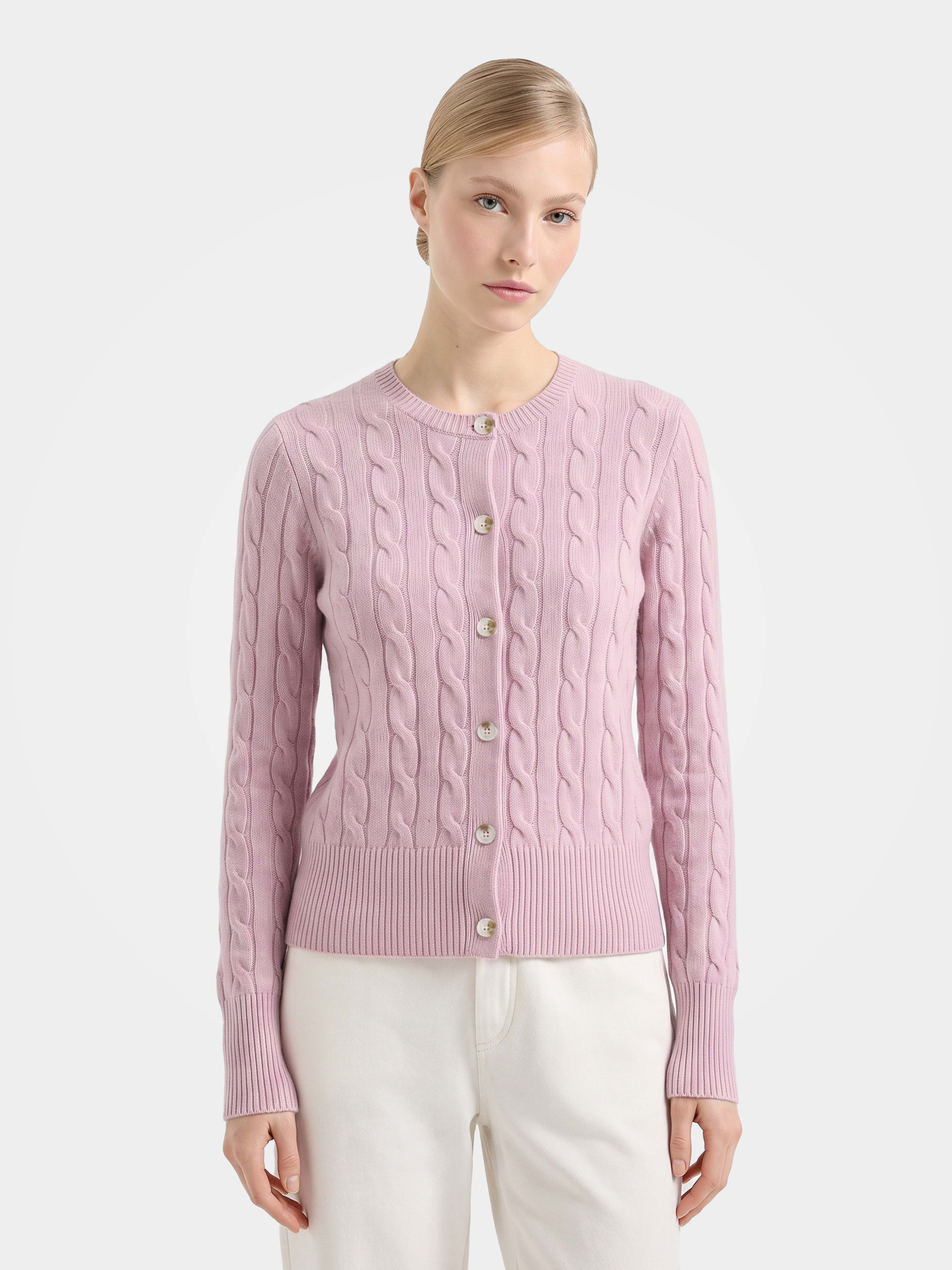 100% Mongolian Cashmere Cable Knit Crew Neck Button Cardigan Sweater