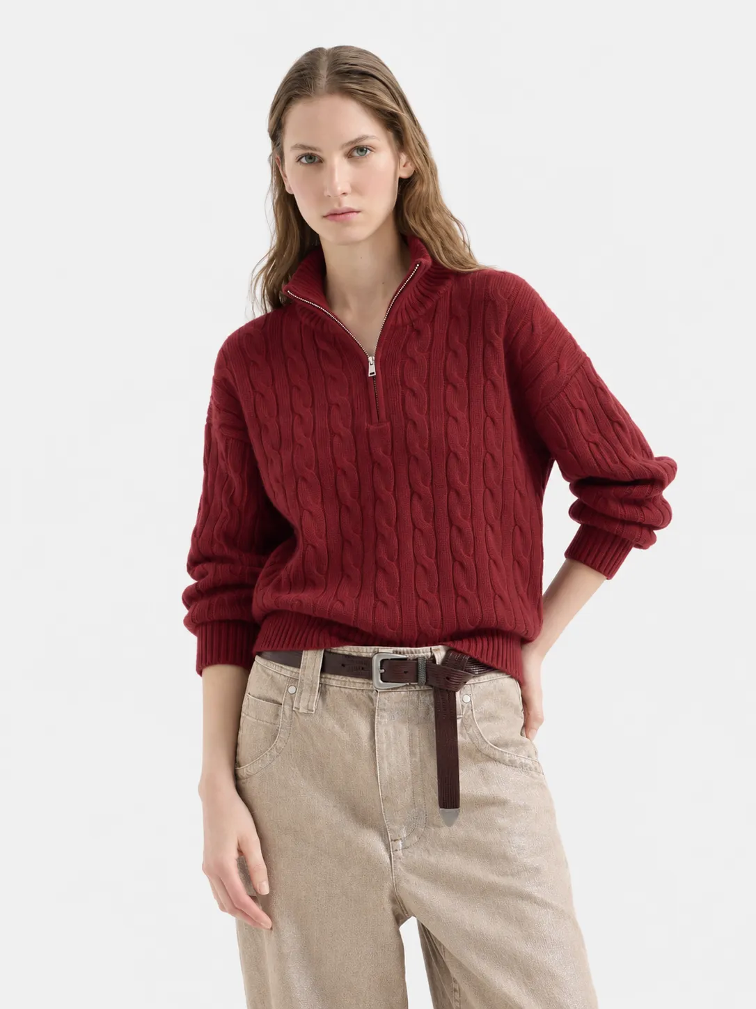 100% Mongolian Cashmere Cable Knit Half-Zip Polo Sweater