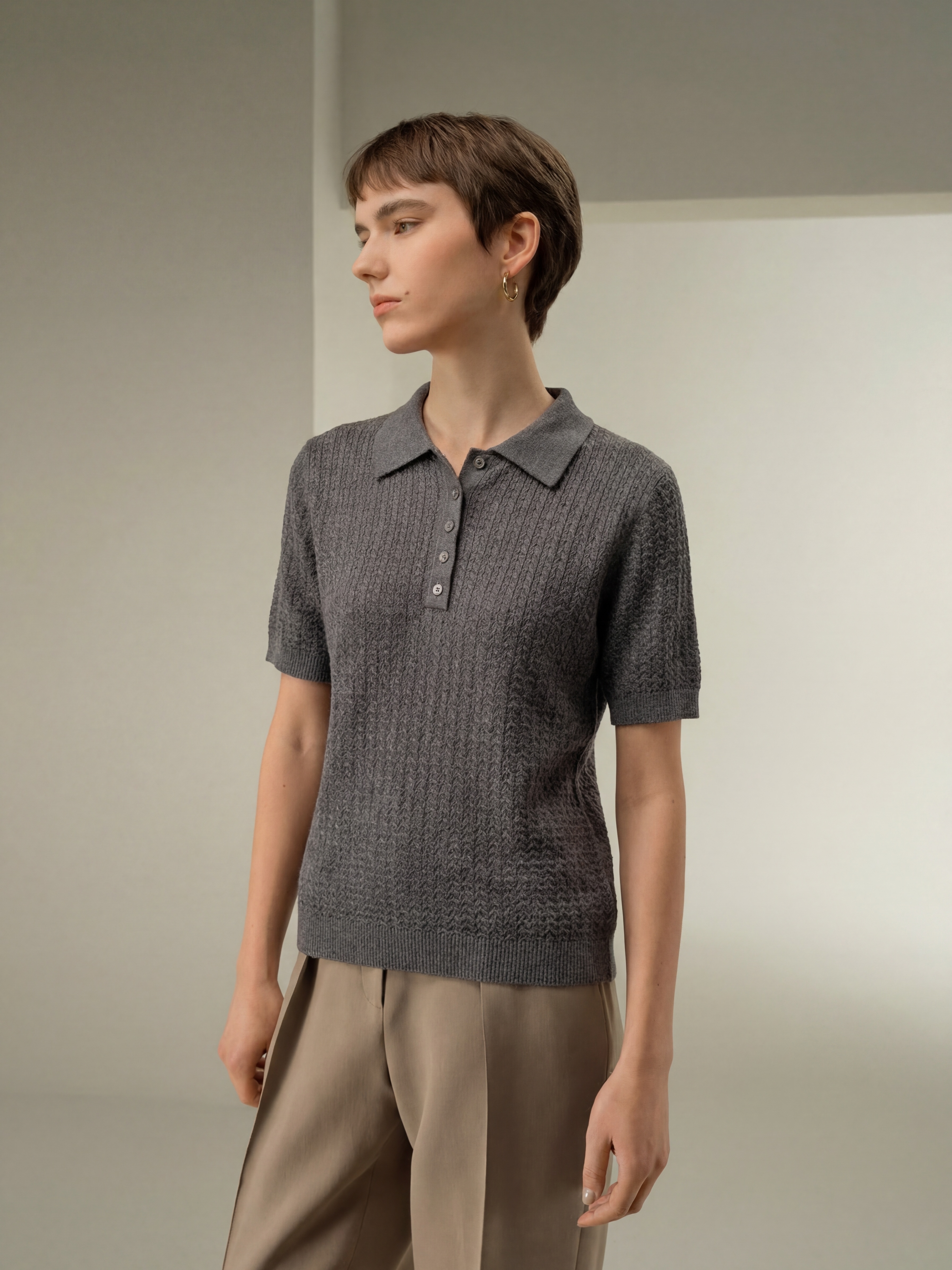 Wool Short Sleeve Knit Polo Top
