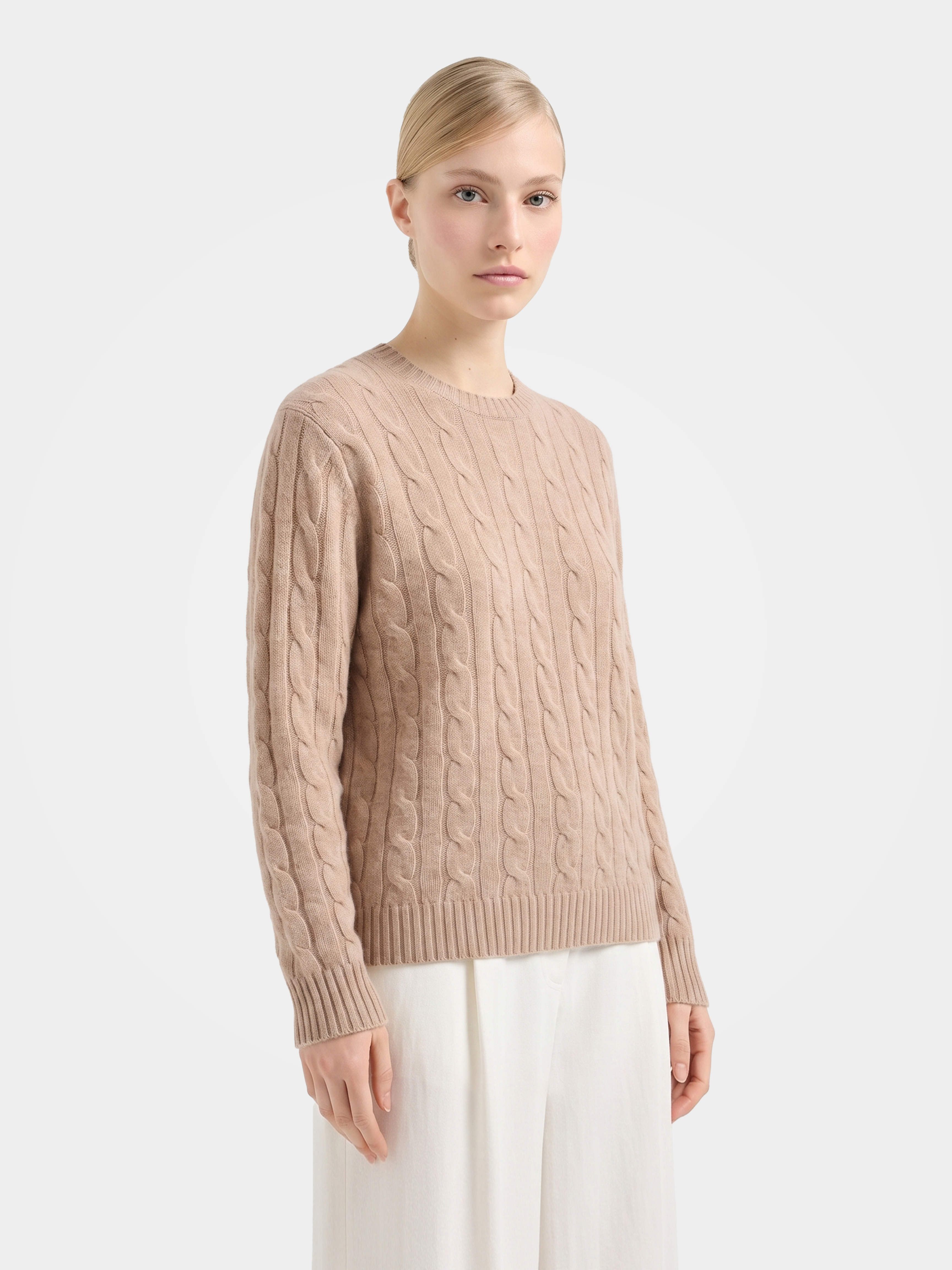 100% Mongolian Cashmere Cable Knit Crew Neck Sweater