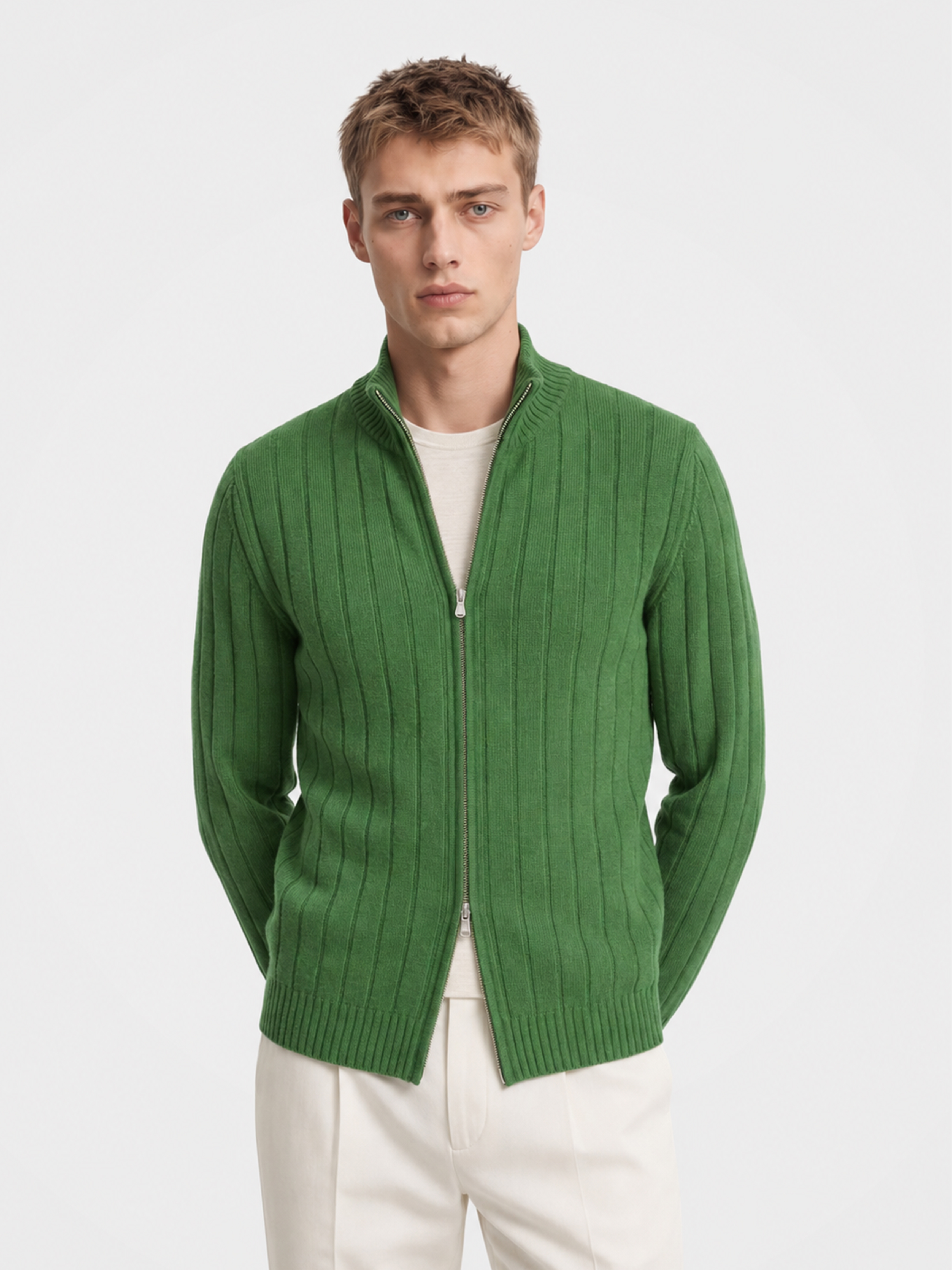 Pre-Order | Men's 100% Cashmere Mock Neck Zip Rib Knit Cardigan (10-14 Business Days)