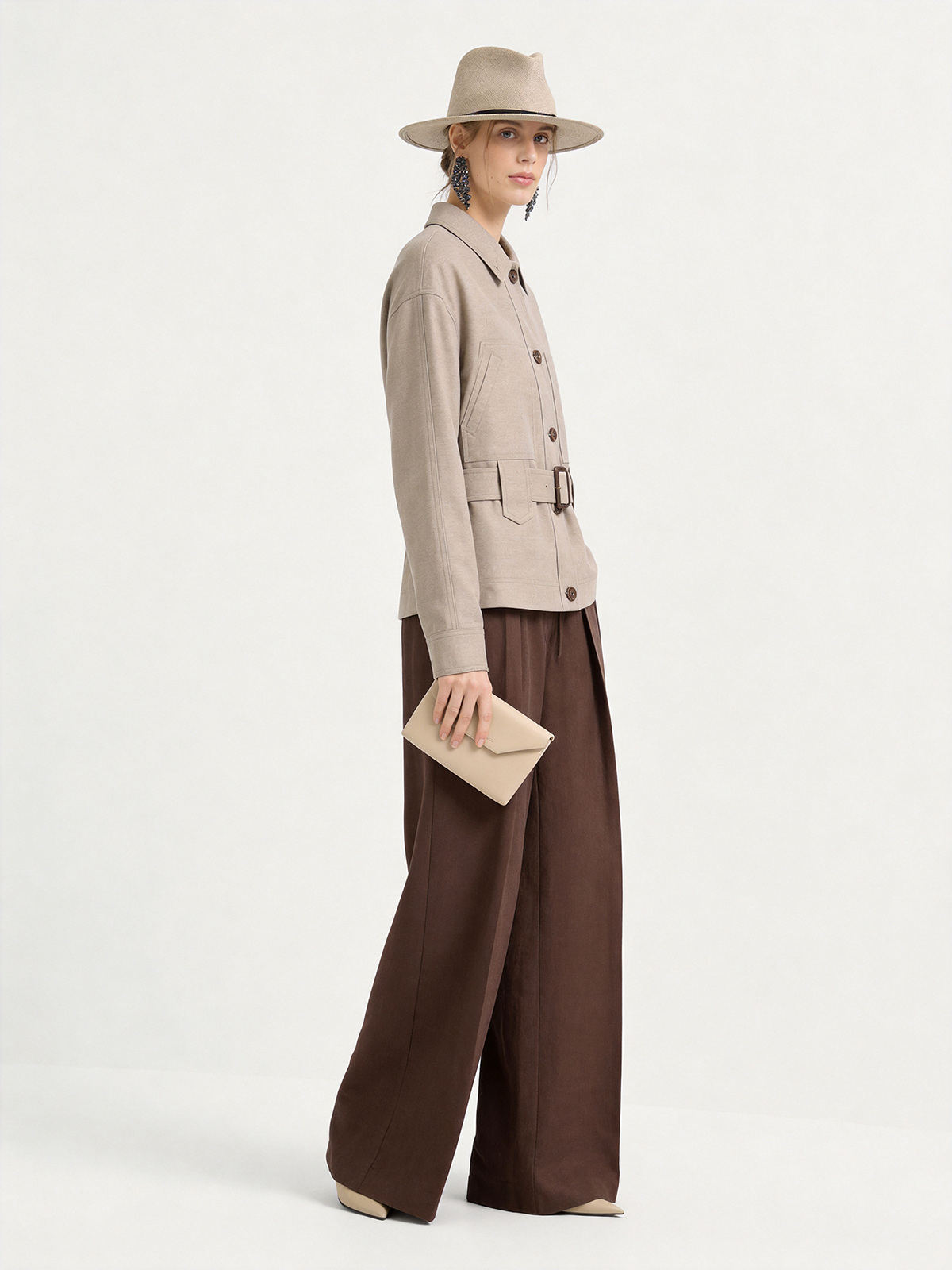 Wool Blend Button Front Belted Shirt Jacket