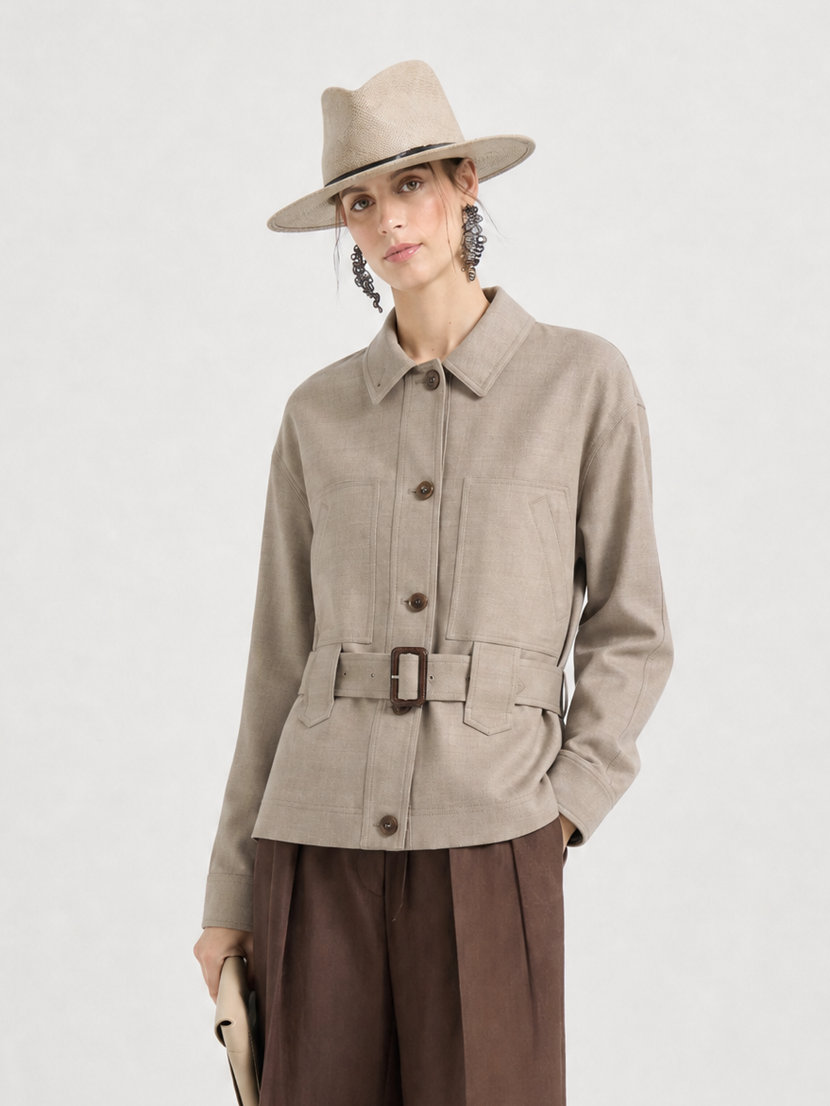 Wool Blend Button Front Belted Shirt Jacket