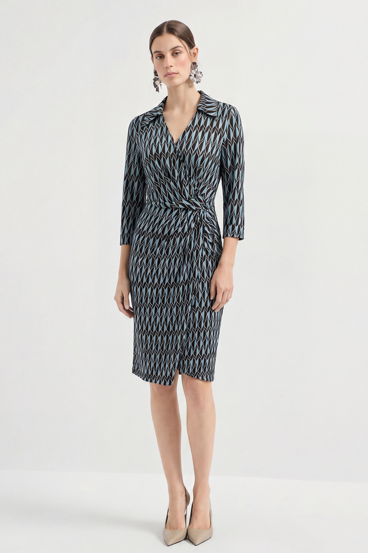 Blue Silk Shirt Print Knee Length Wrap Dress