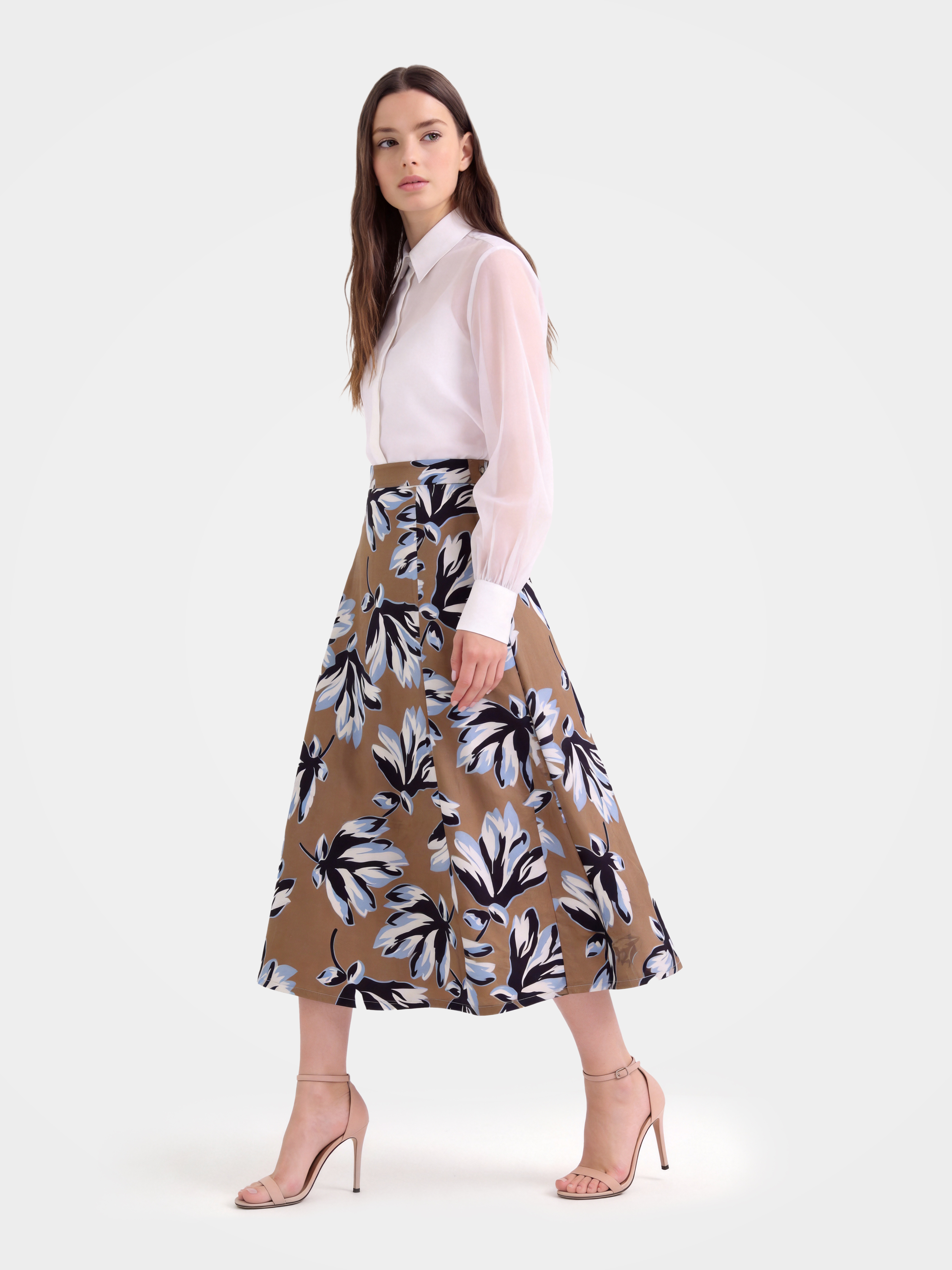 Brown Mulberry Silk Floral Printed Midi Skirt
