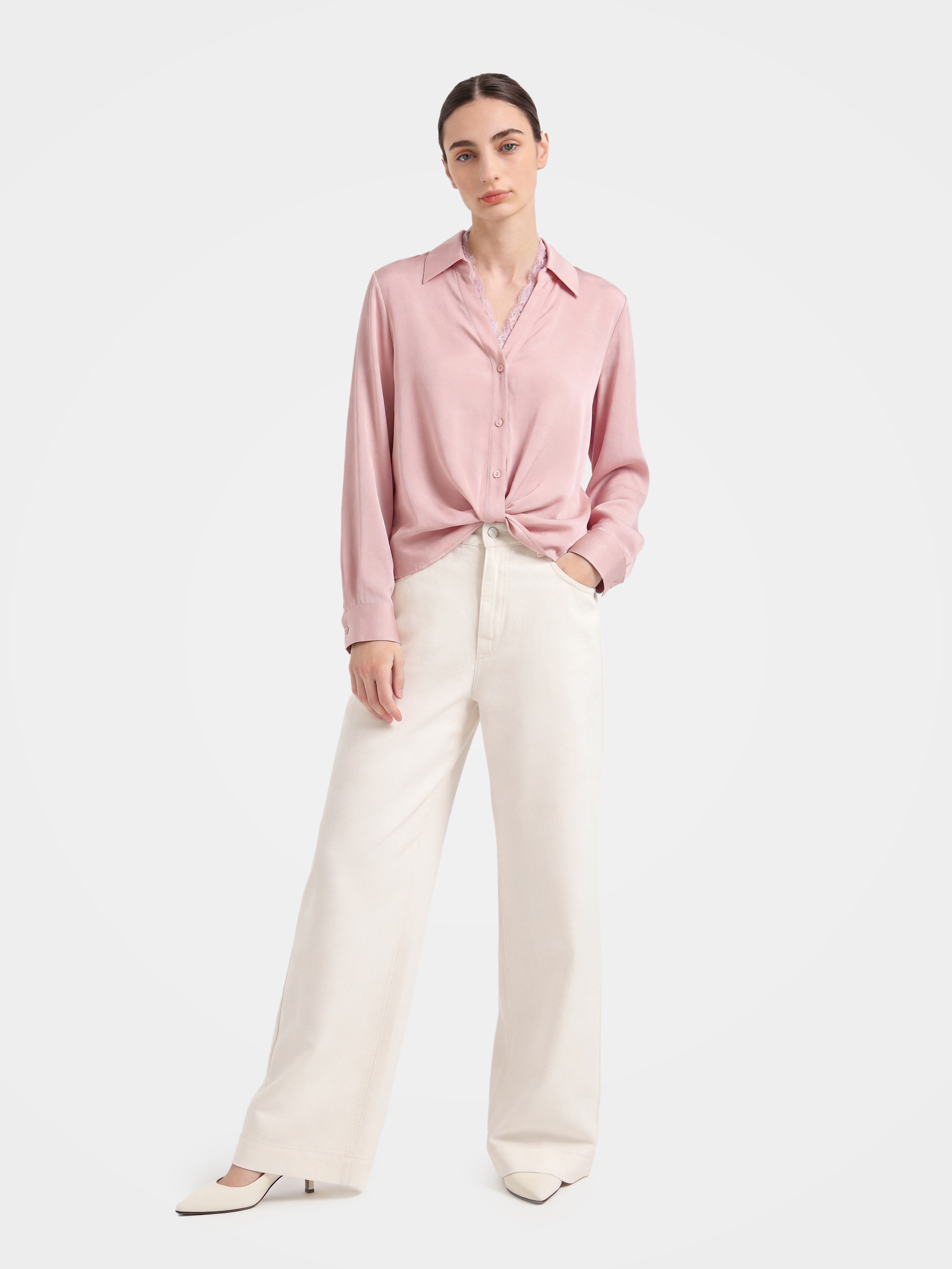 Smooth Mulberry Silk Lace Trim Button Shirt