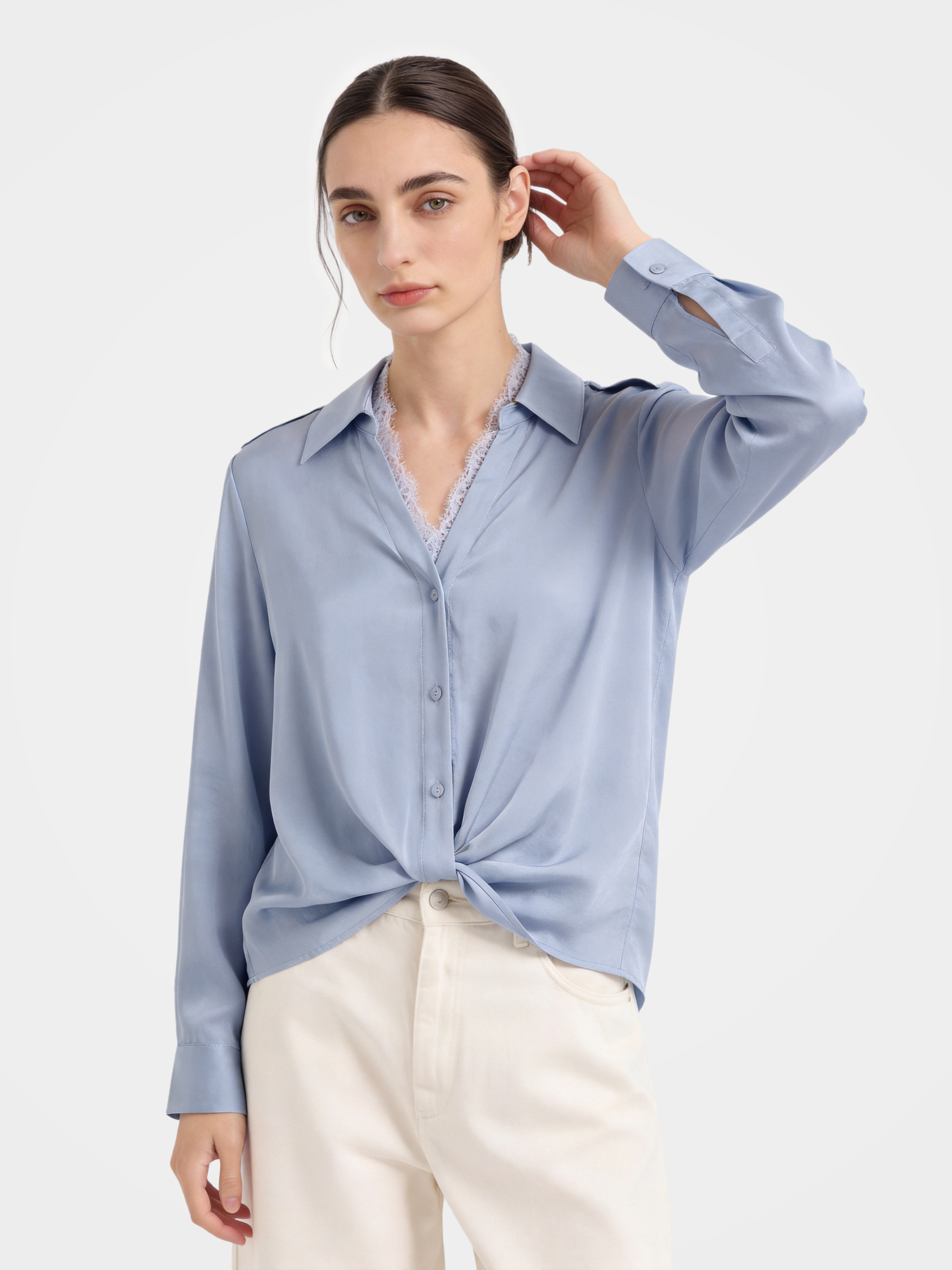 Smooth Mulberry Silk Lace Trim Button Shirt