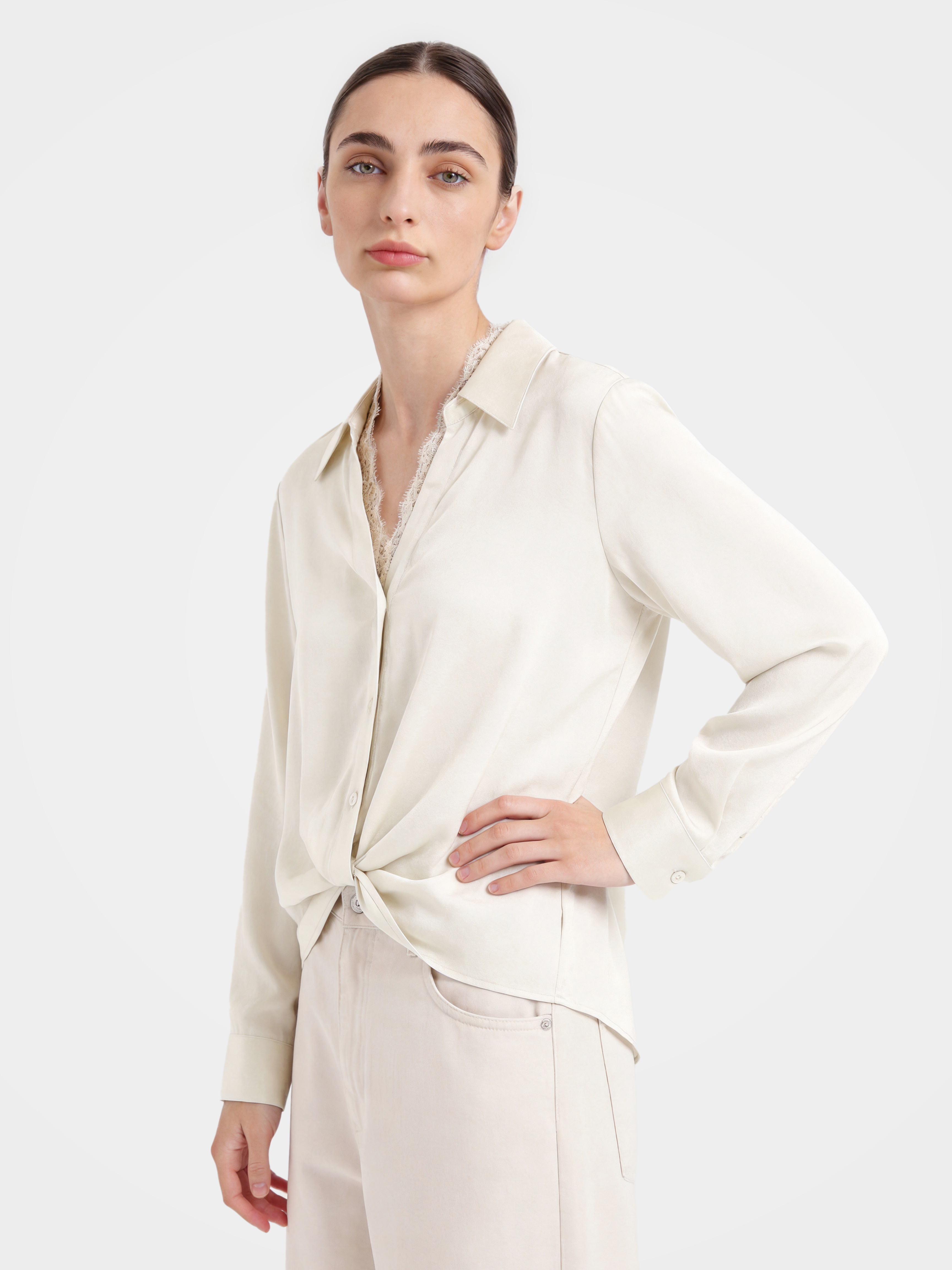 Smooth Mulberry Silk Lace Trim Button Shirt