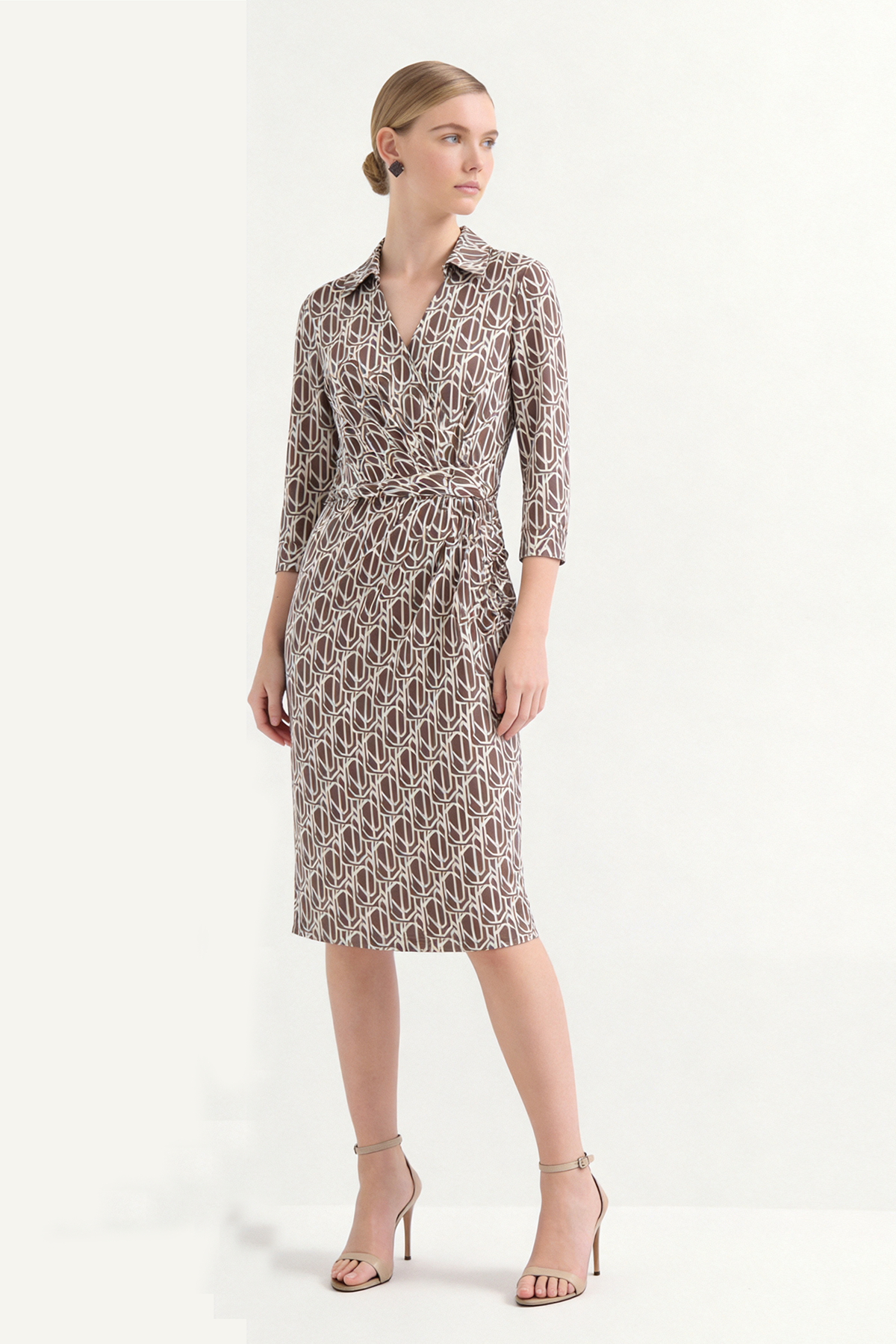 Brown Silk Shirt Print Knee-Length Dress