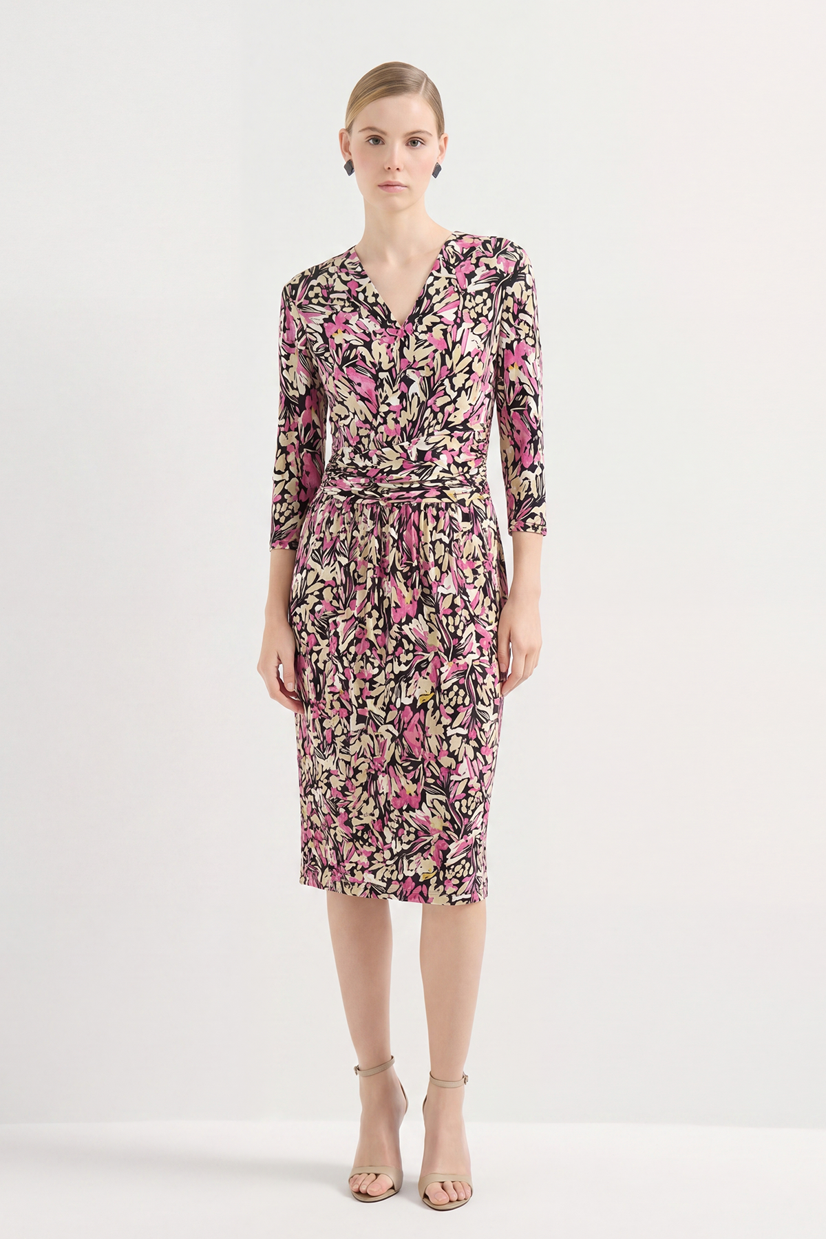 Fuchsia Silk Floral Print Knee-Length Dress