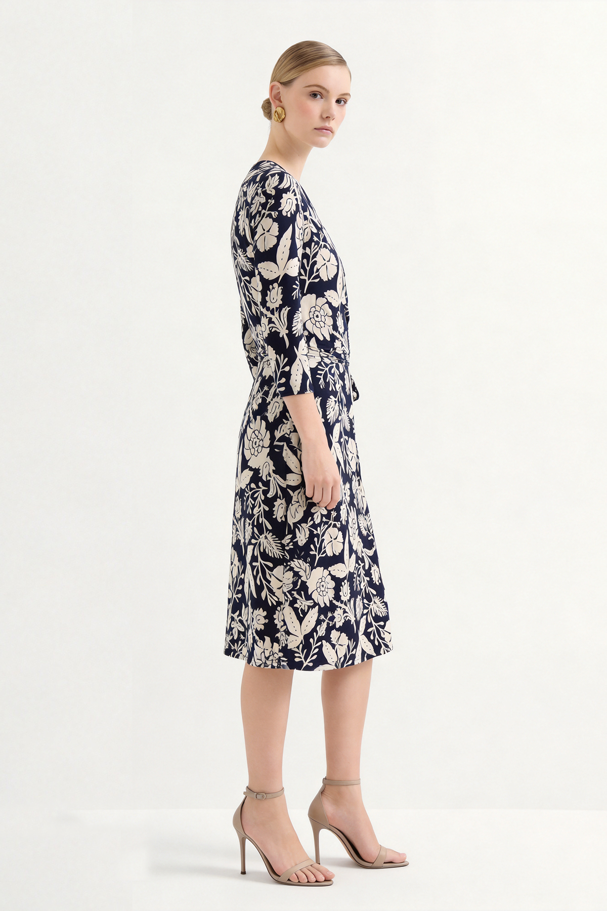 Black Silk Floral Print Knee-Length Wrap Dress