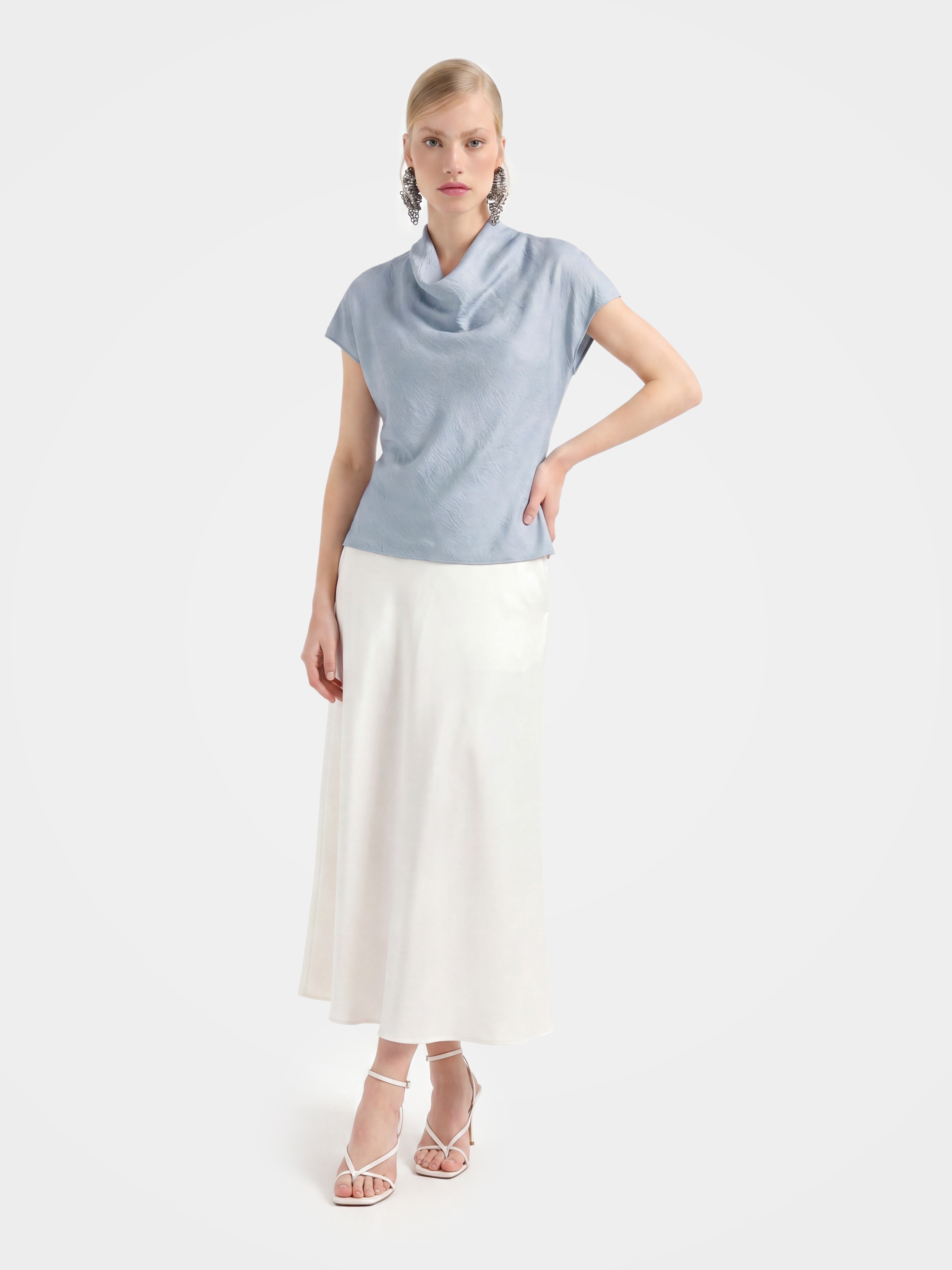 100% Mulberry Silk Cowl Neck Short Sleeve Top