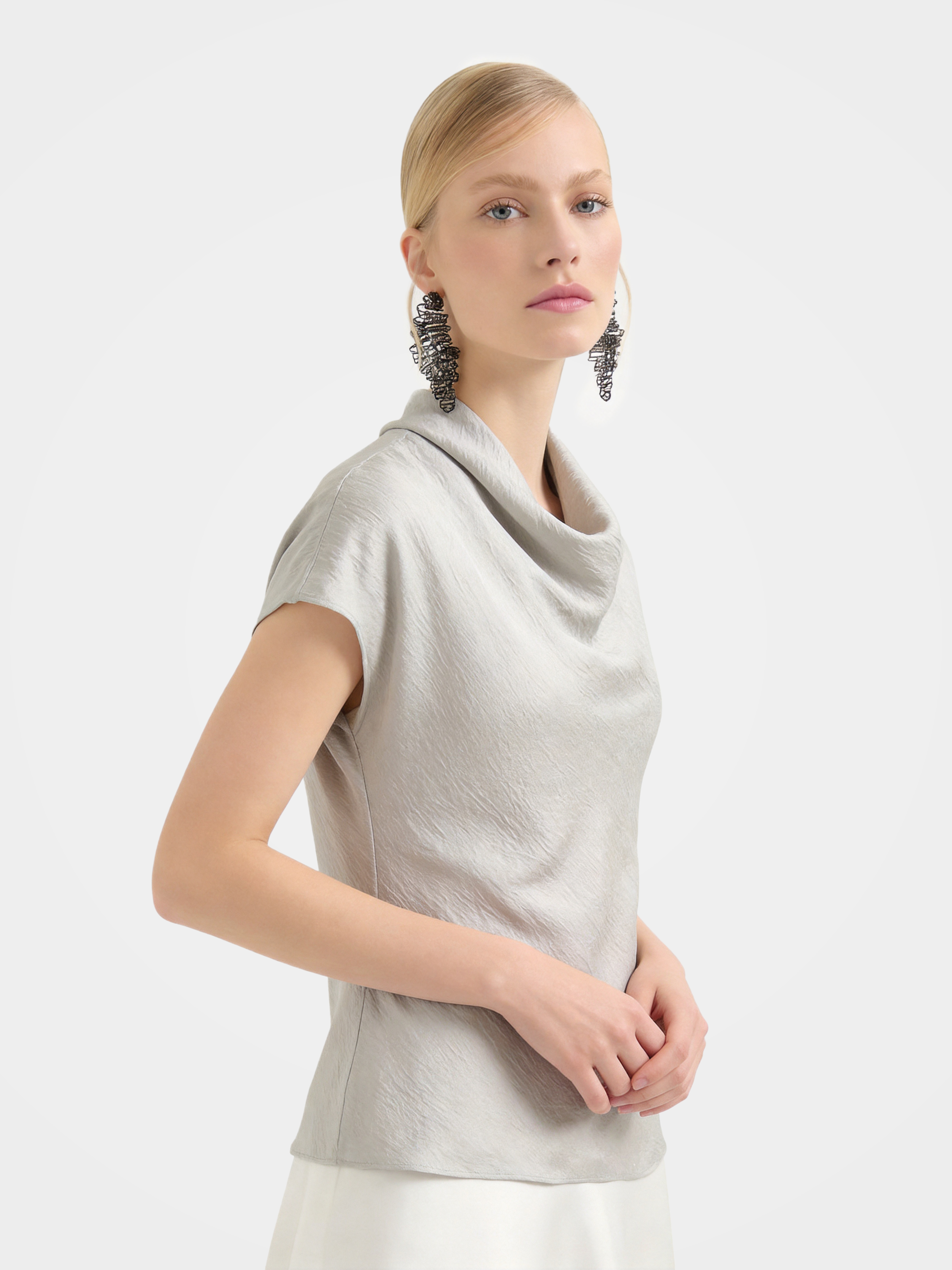 100% Mulberry Silk Cowl Neck Short Sleeve Top