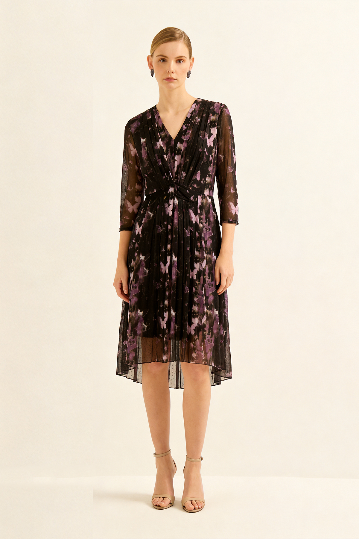 Purple Silk Floral Print Knee-Length Mesh Dress