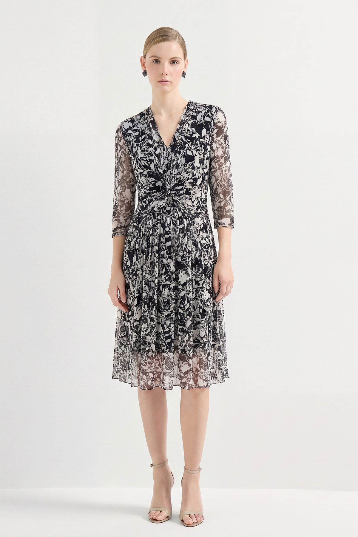 Black Silk Print Knee-Length Mesh Dress
