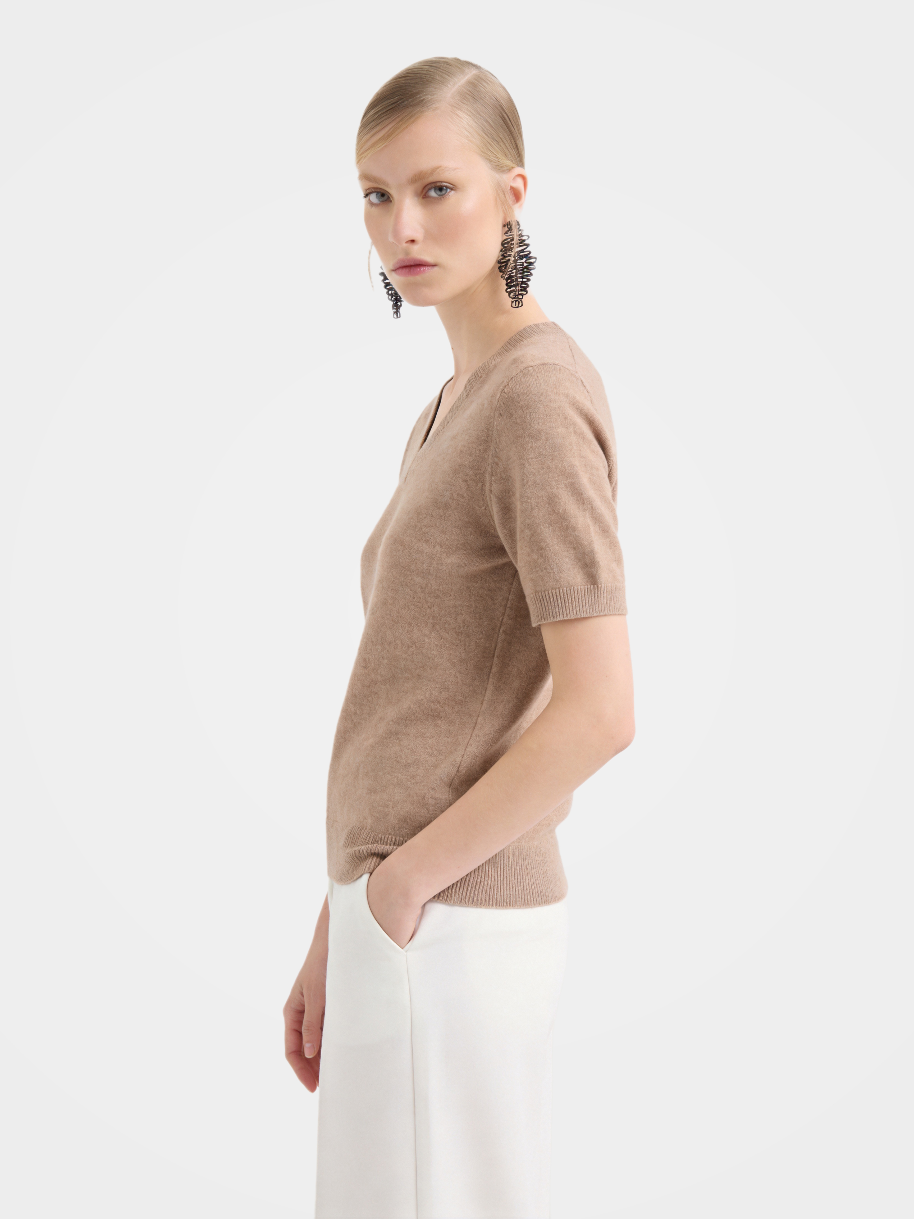 Lightweight Cashmere V Neck Short Sleeve Sweater