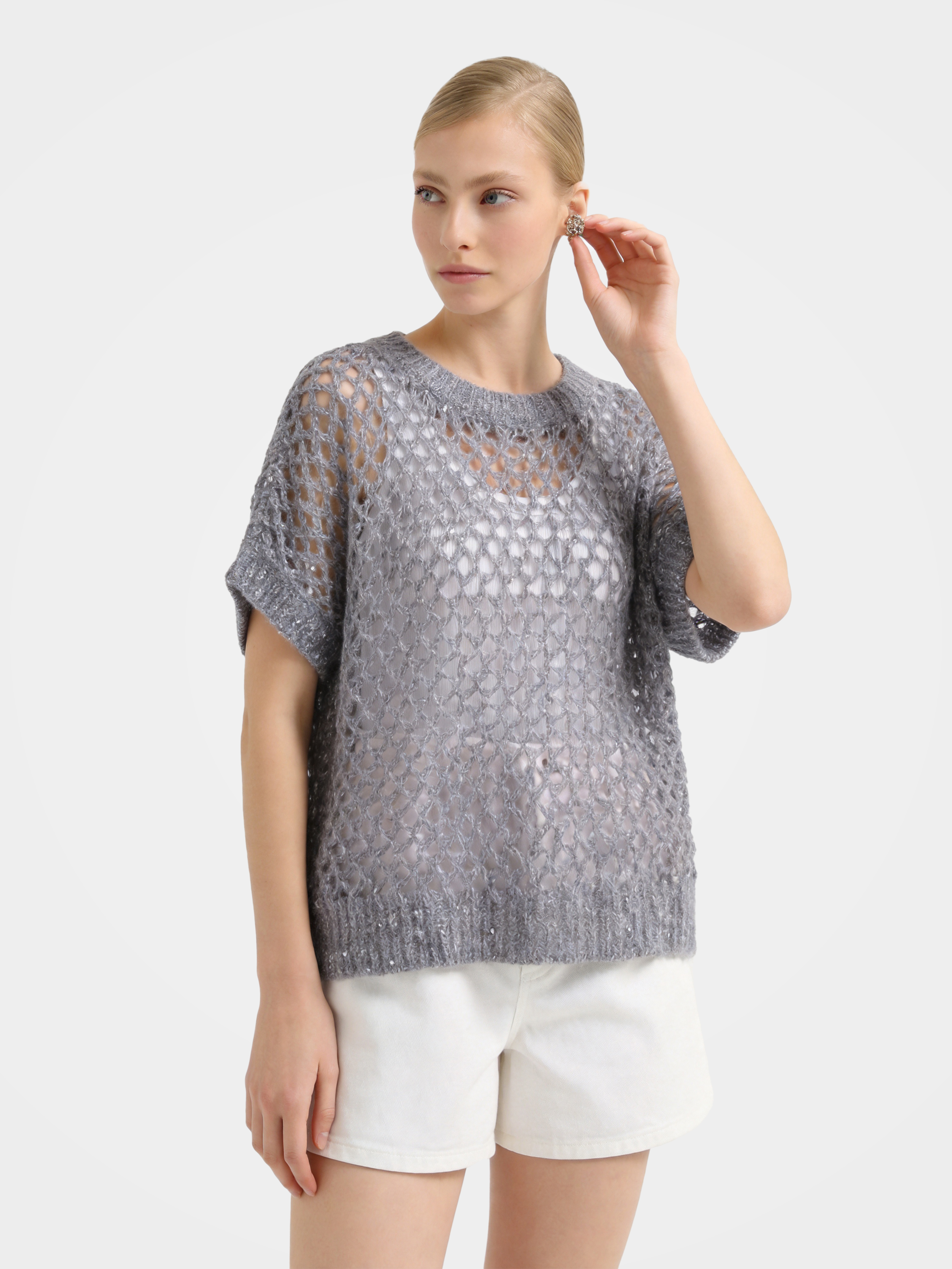 Mongolian Cashmere Short Sleeve  Openwork knit Top