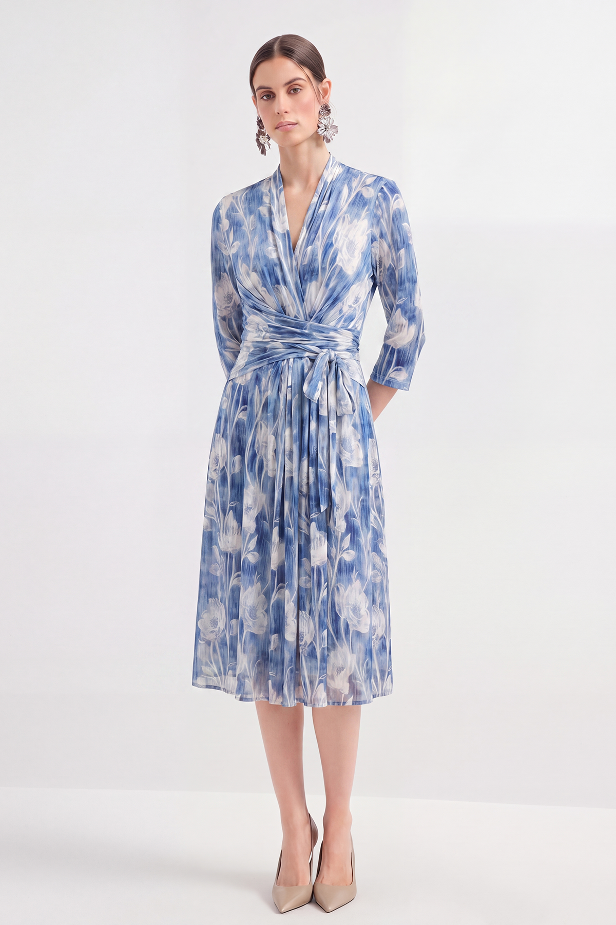 Black Silk Print Mesh Knee-Length Dress