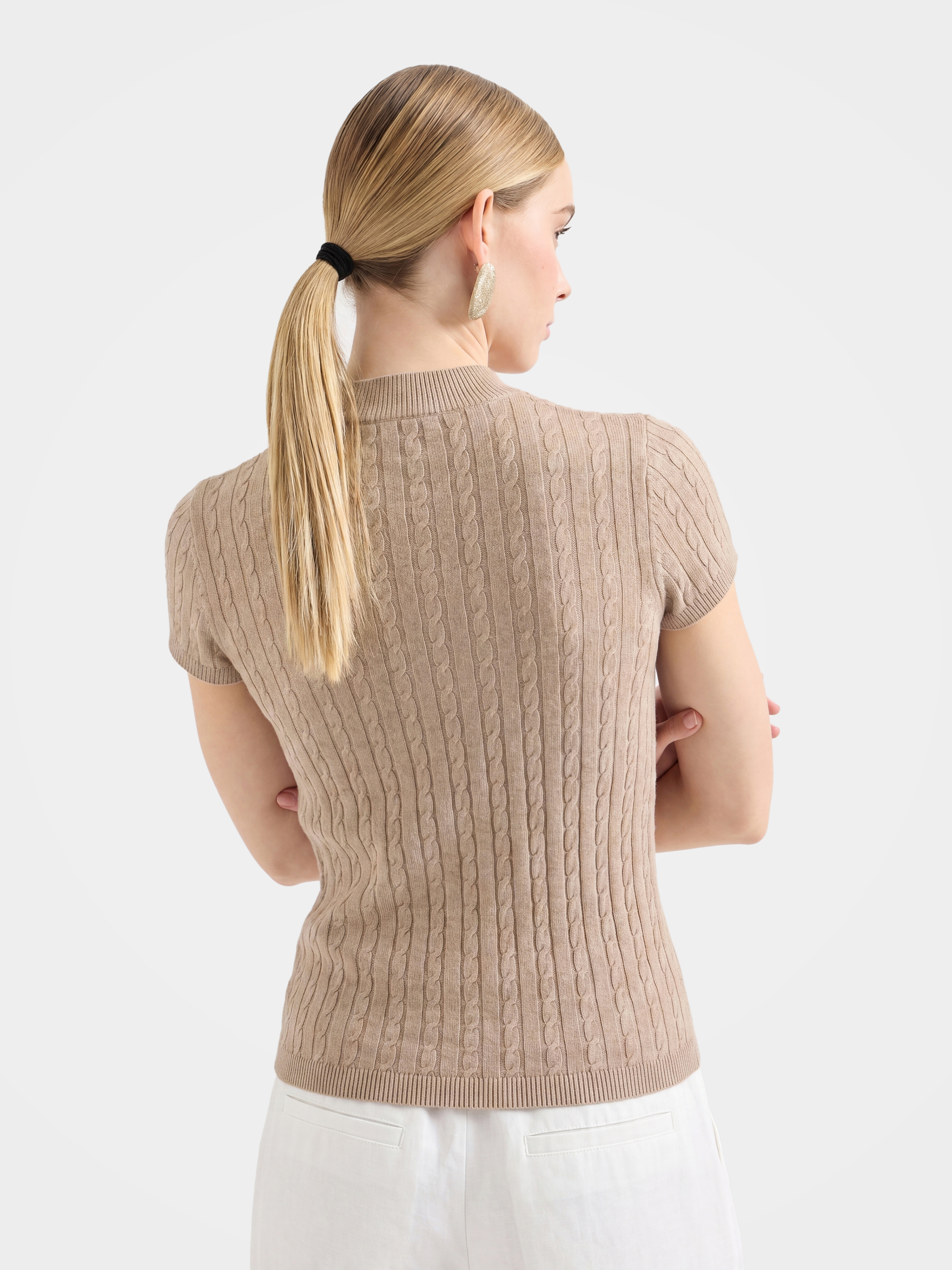 Wool Cashmere Blend Ribbed Metallic Knit Short Sleeve Top