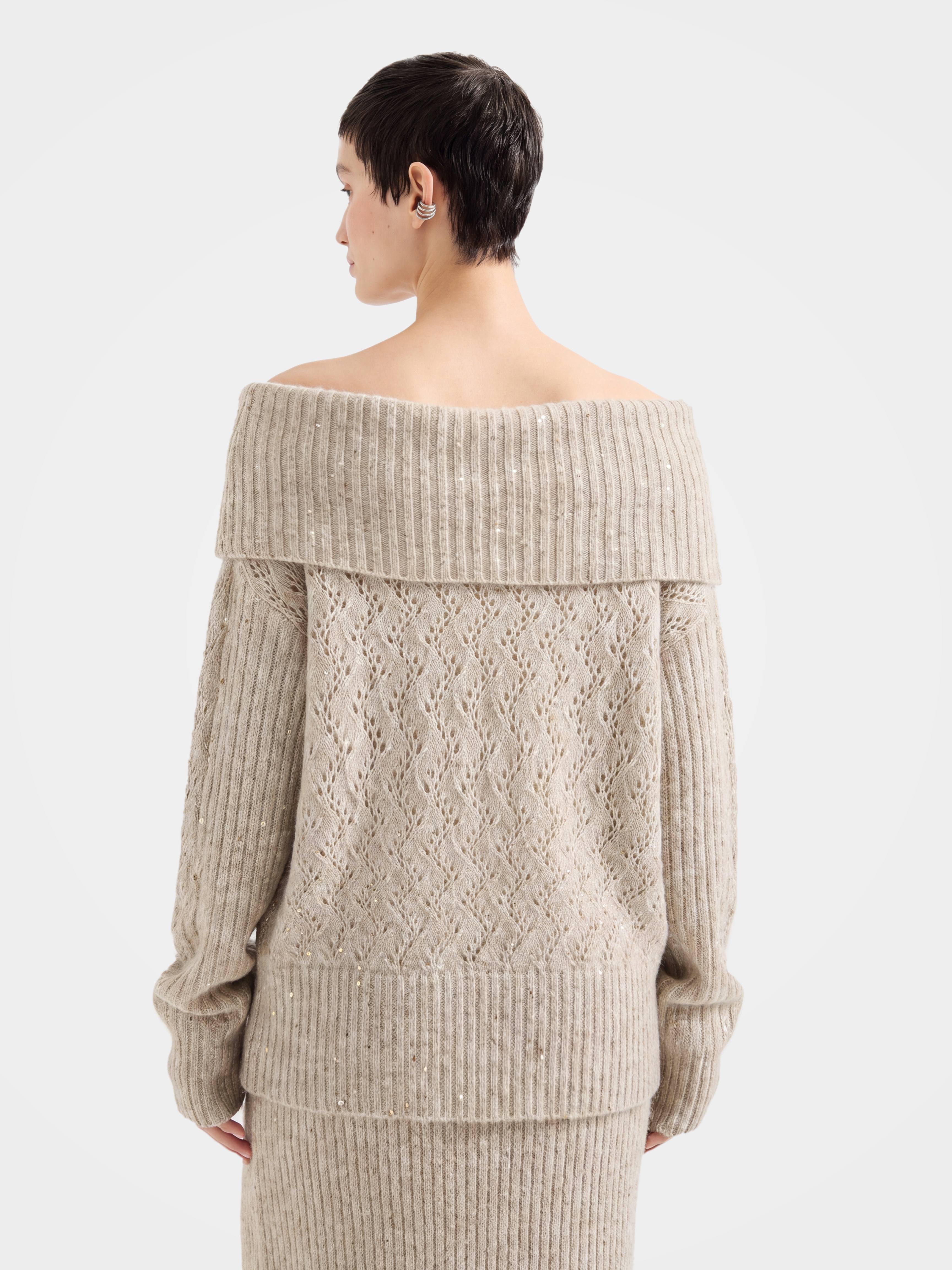 Lightweight Mongolian Cashmere Off Shoulder Sequins Knit Top