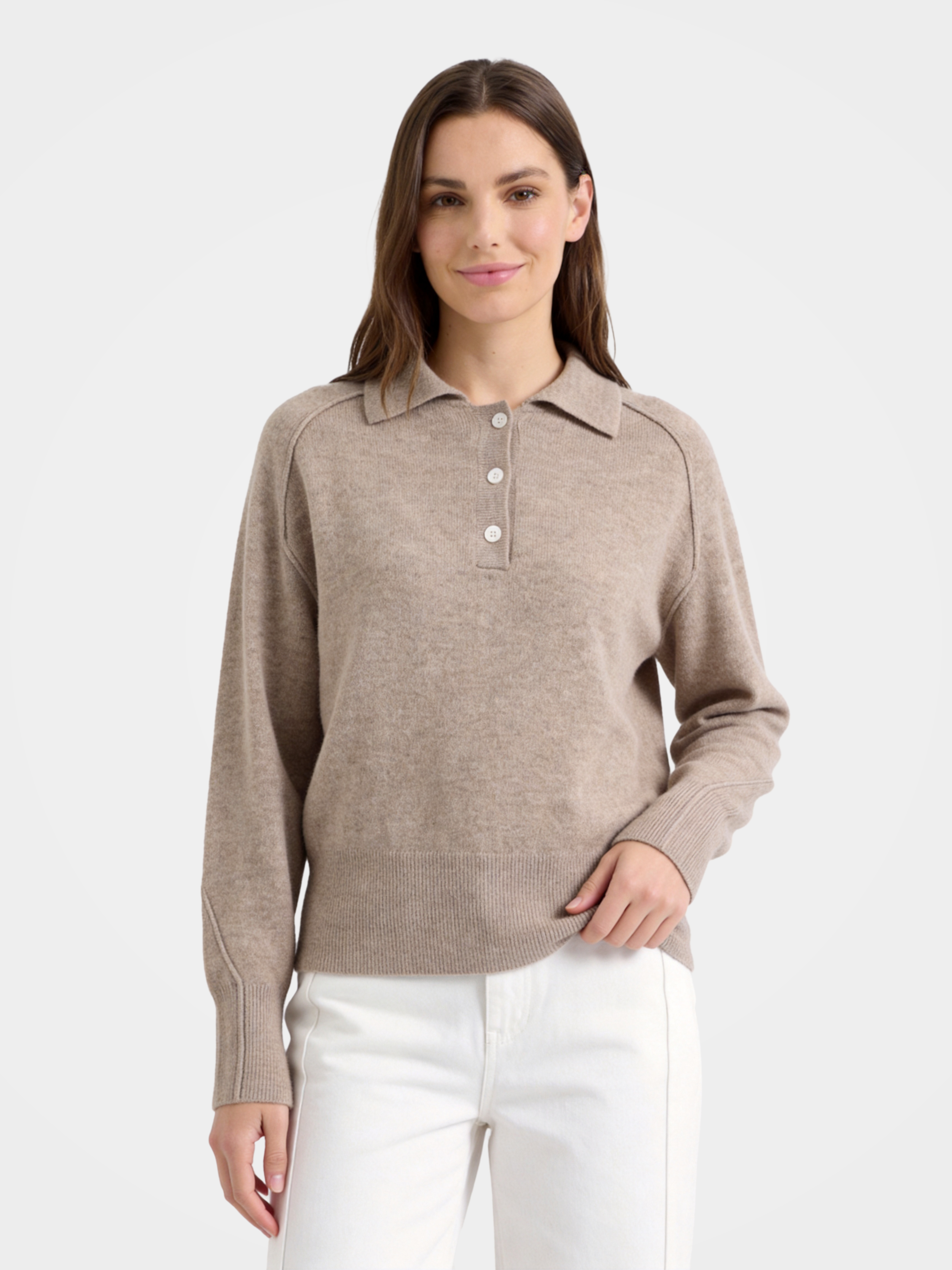 100% Mongolian Cashmere Polo Knit Top | Soft Long Sleeve Taupe Sweater
