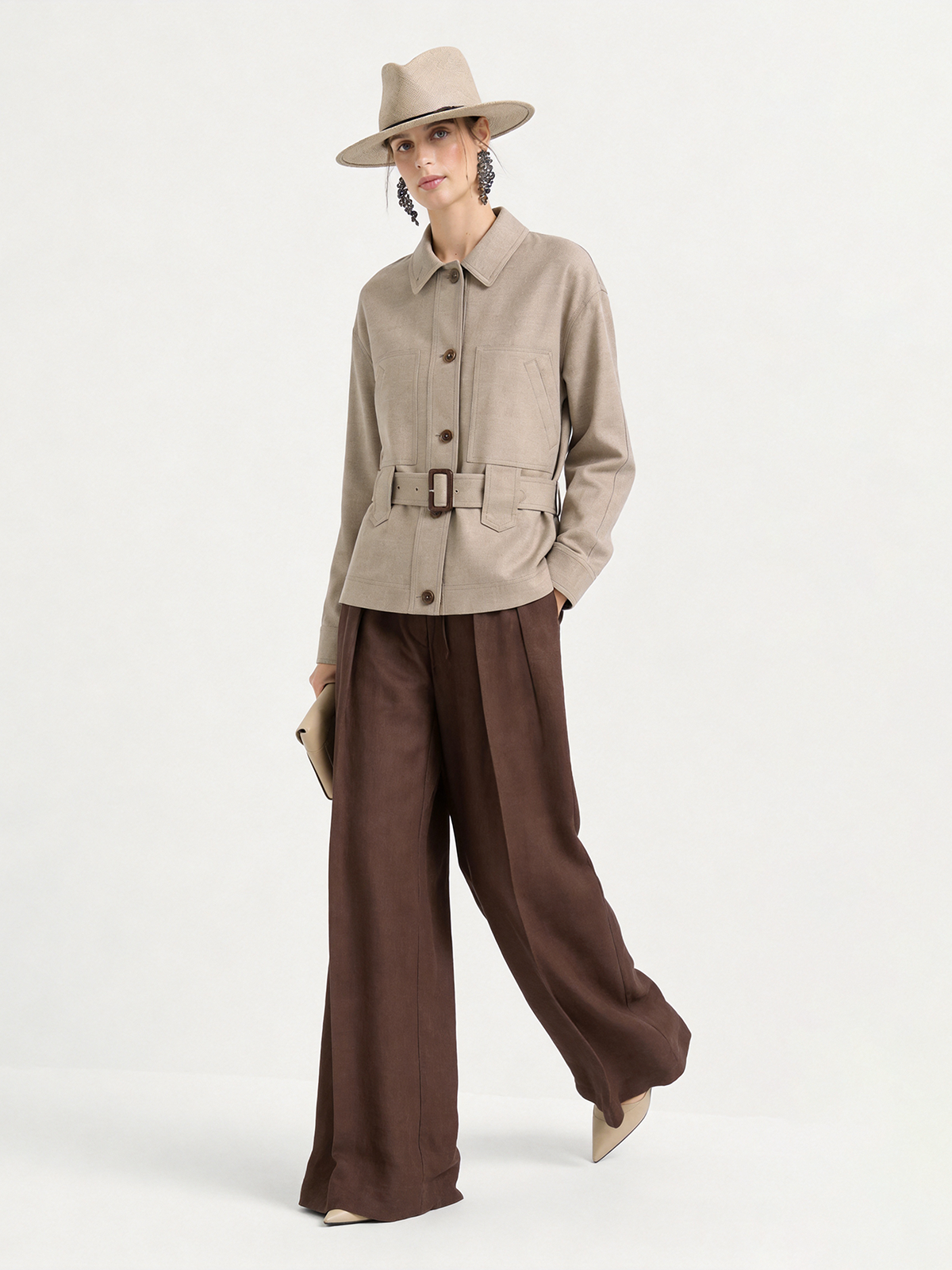 Wool Blend Button Front Belted Shirt Jacket