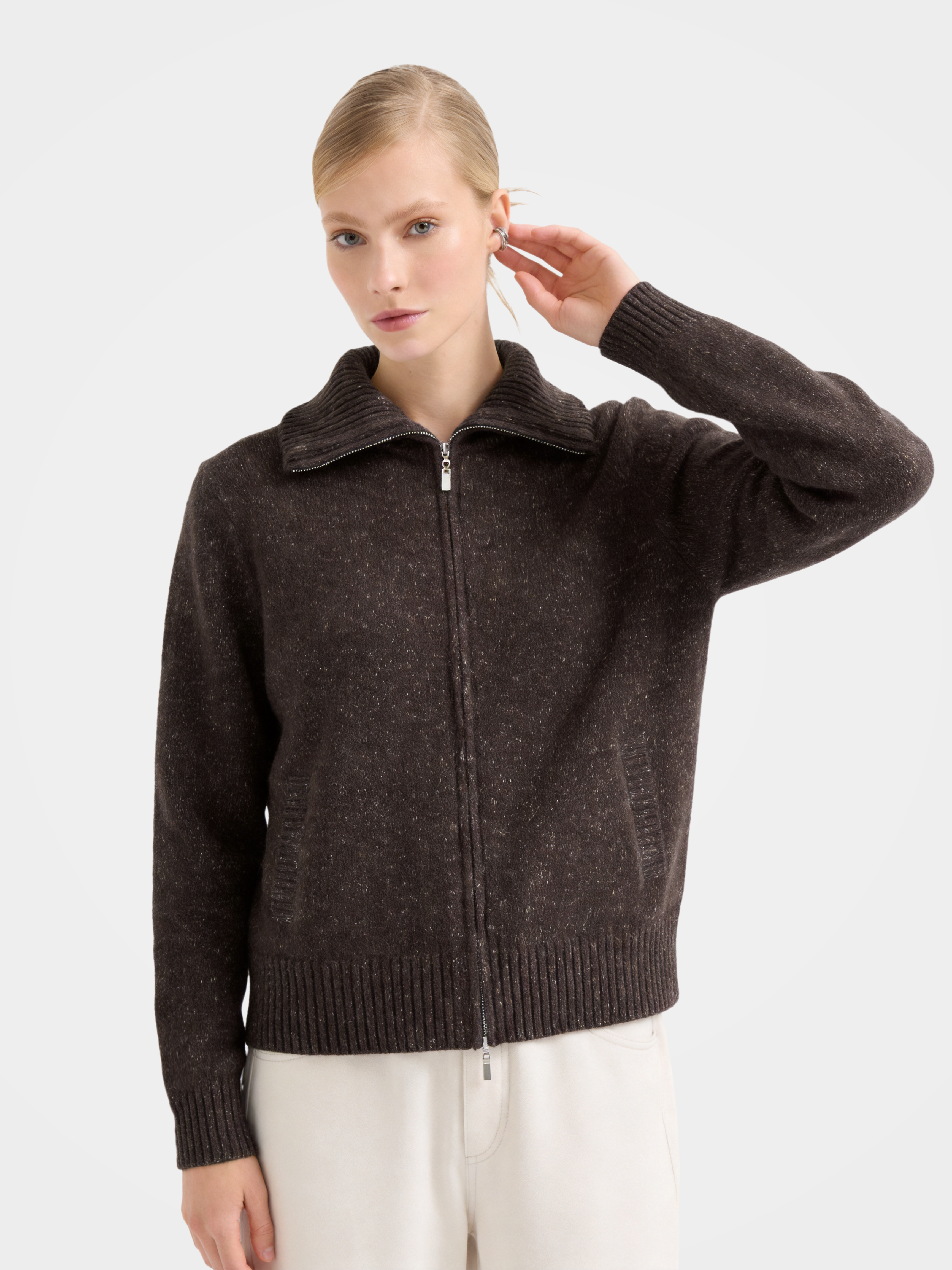 Texture 100% Wool Zip up Knit Cardigan
