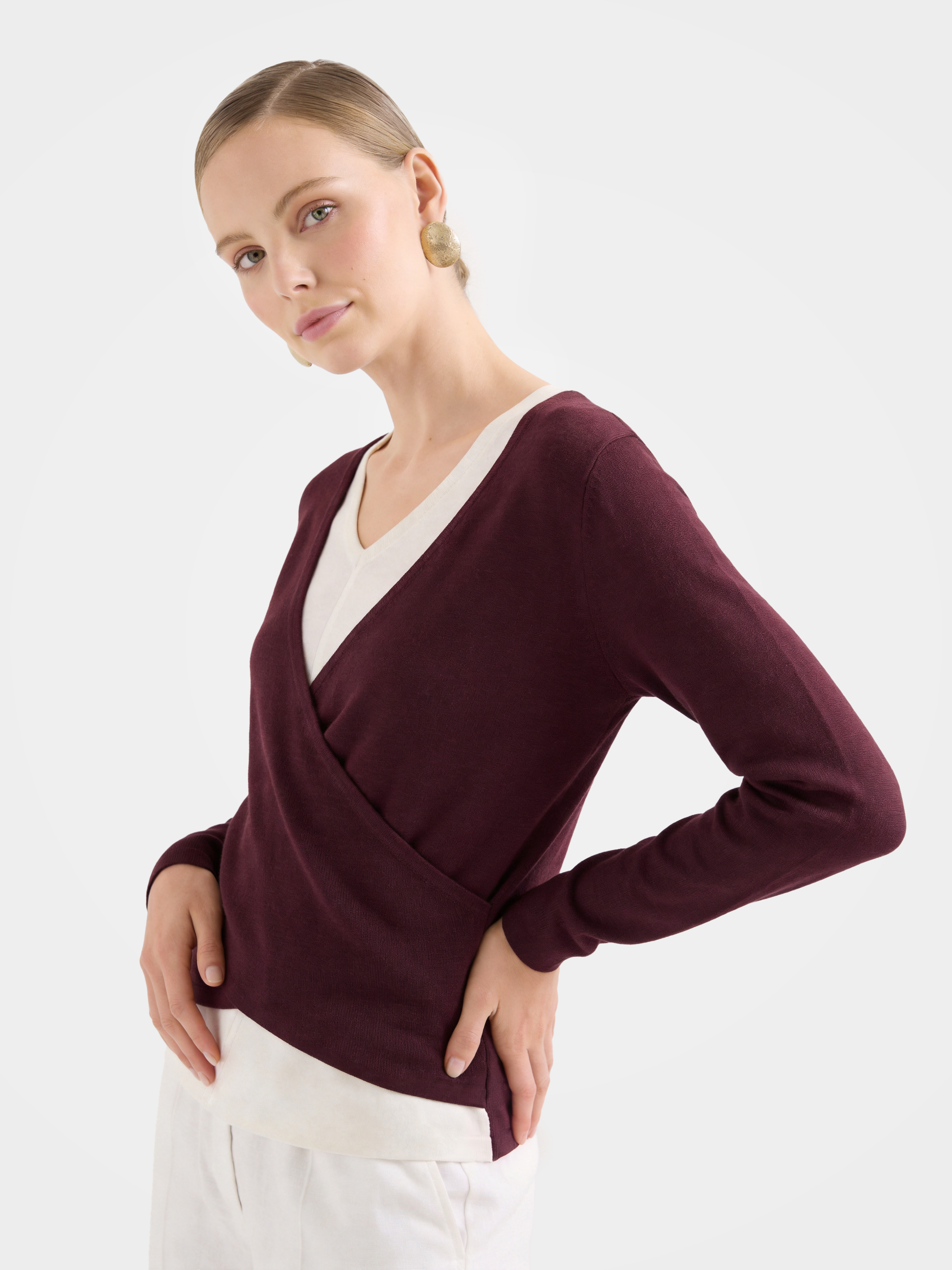 Lightweight Wool Faux Wrap Draped Layering Knit Sweater