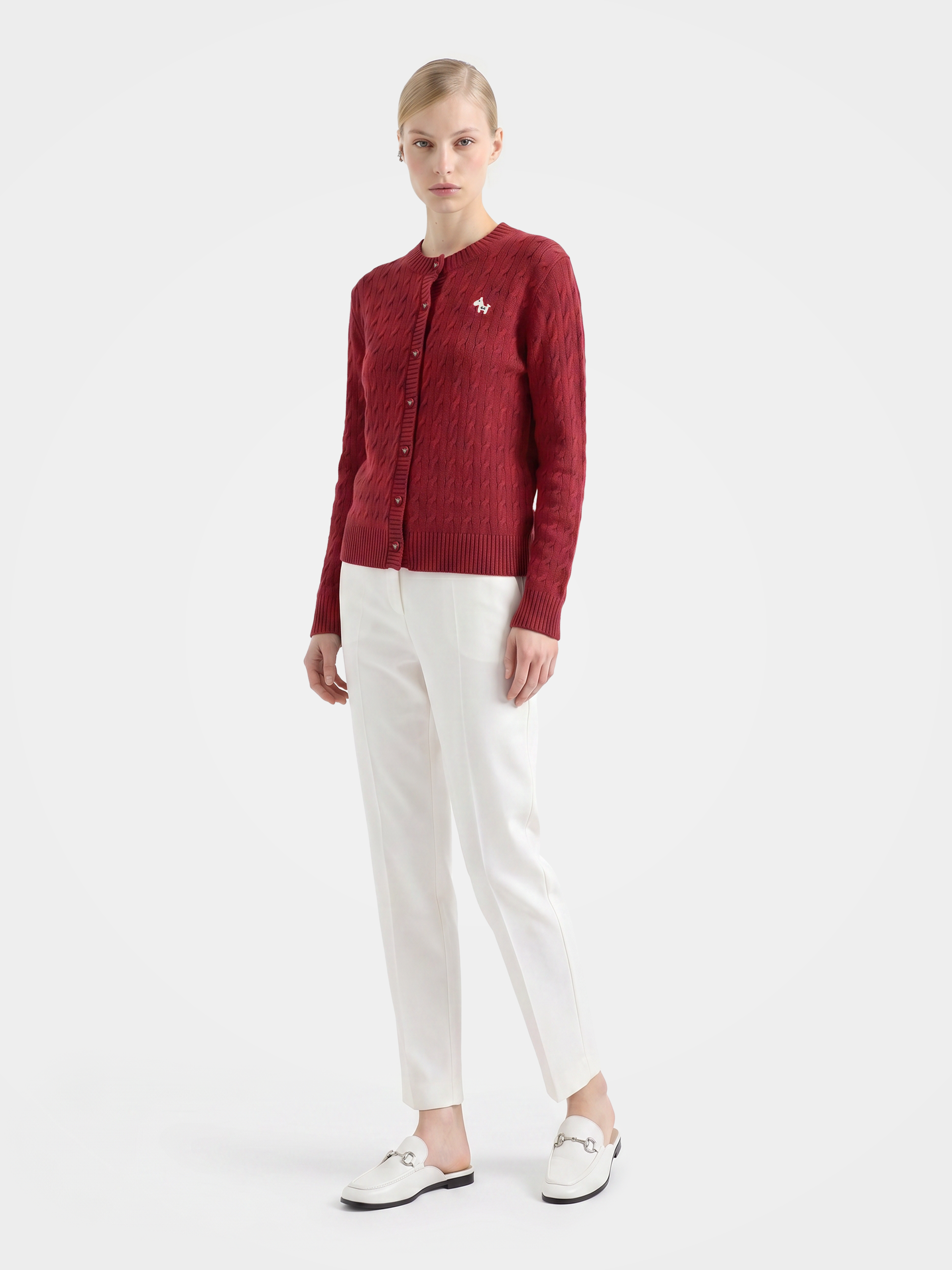 Textured 100% Mongolian Cashmere Crew Neck Cable Knit Cardigan