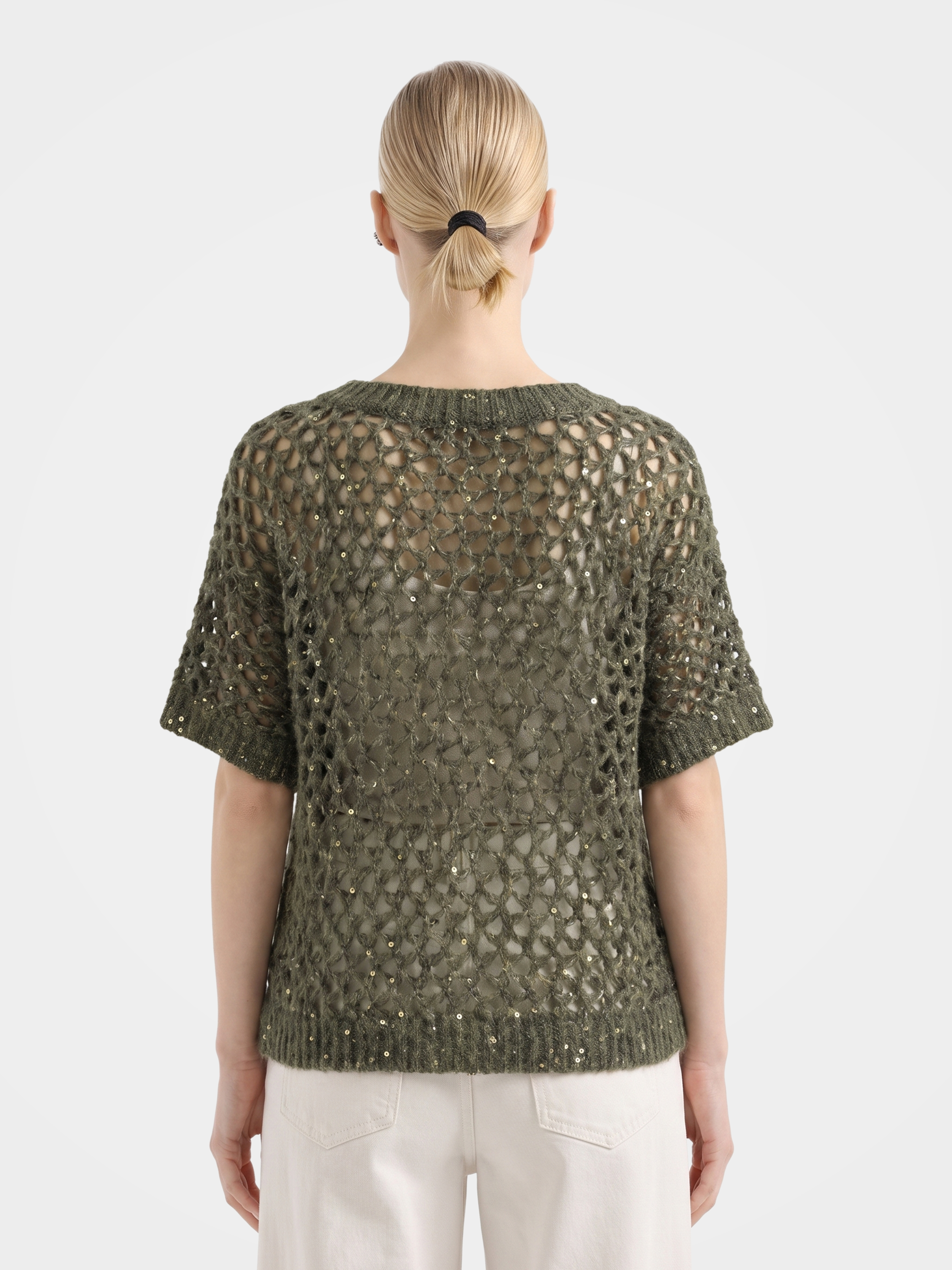 Mongolian Cashmere Silk Openwork Sequin Short Sleeve Top
