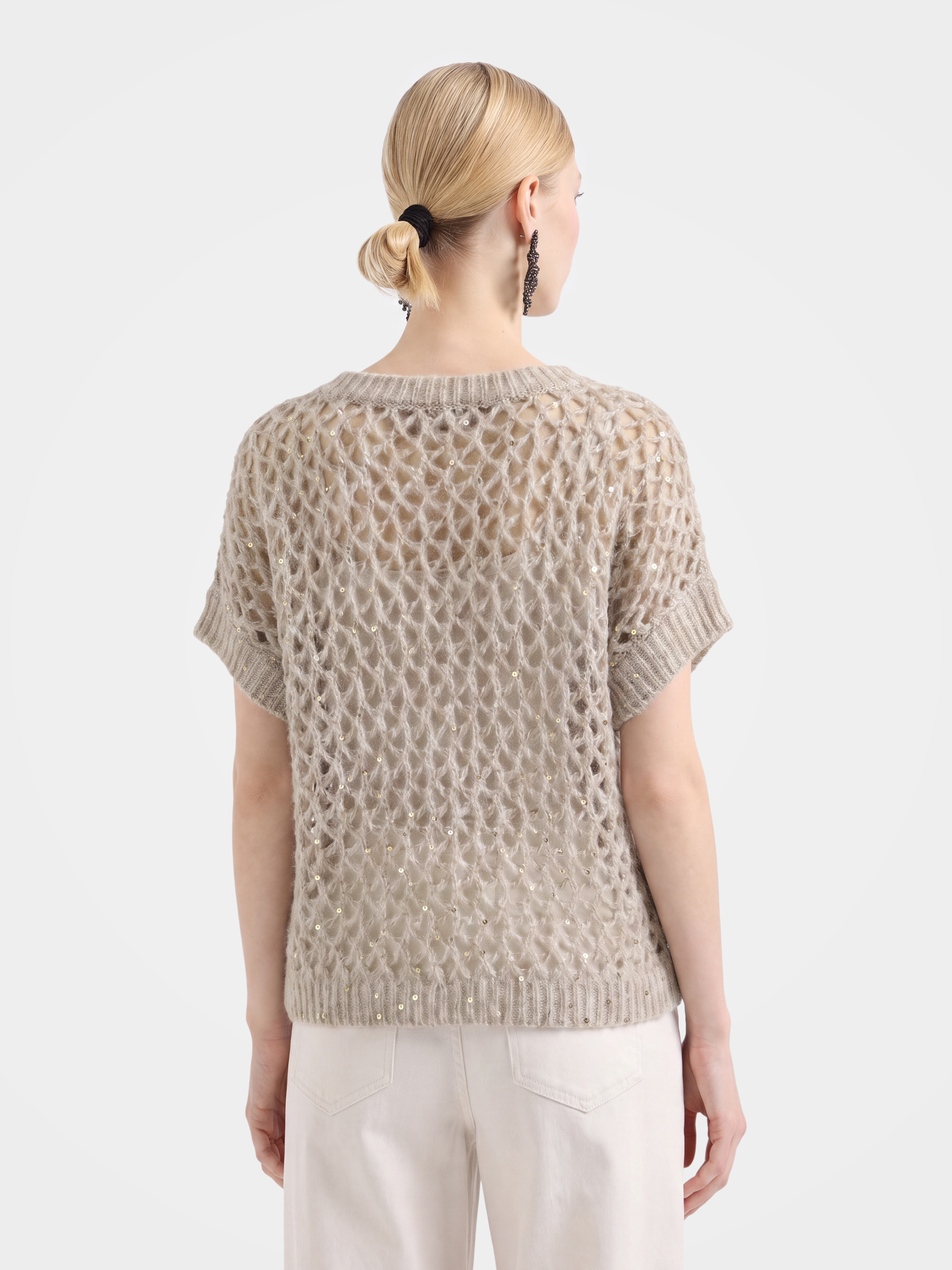 Mongolian Cashmere Silk Openwork Sequin Short Sleeve Top