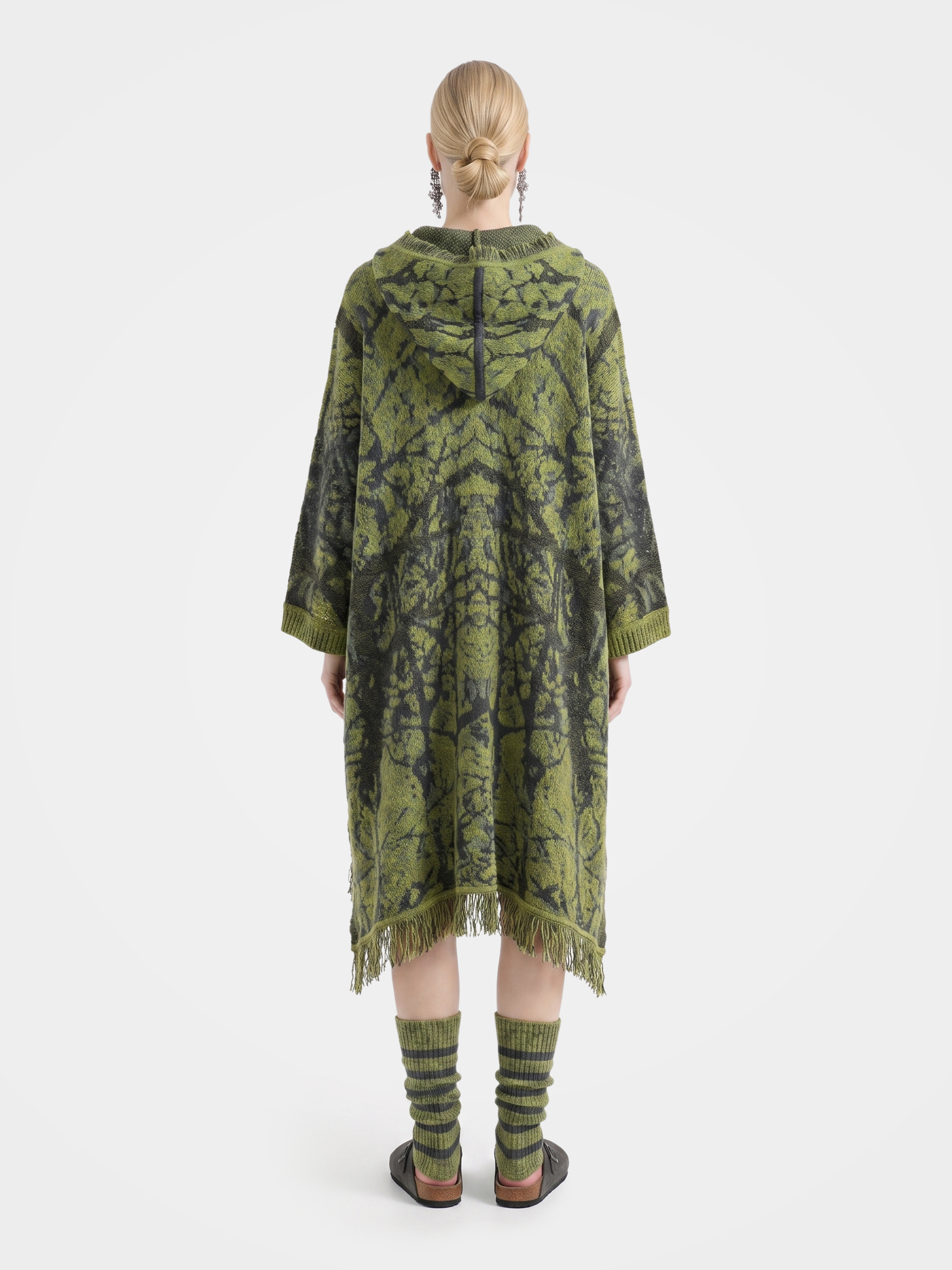 Textured Mongolian Cashmere Hoodie Knitted Fringe Sequin Poncho