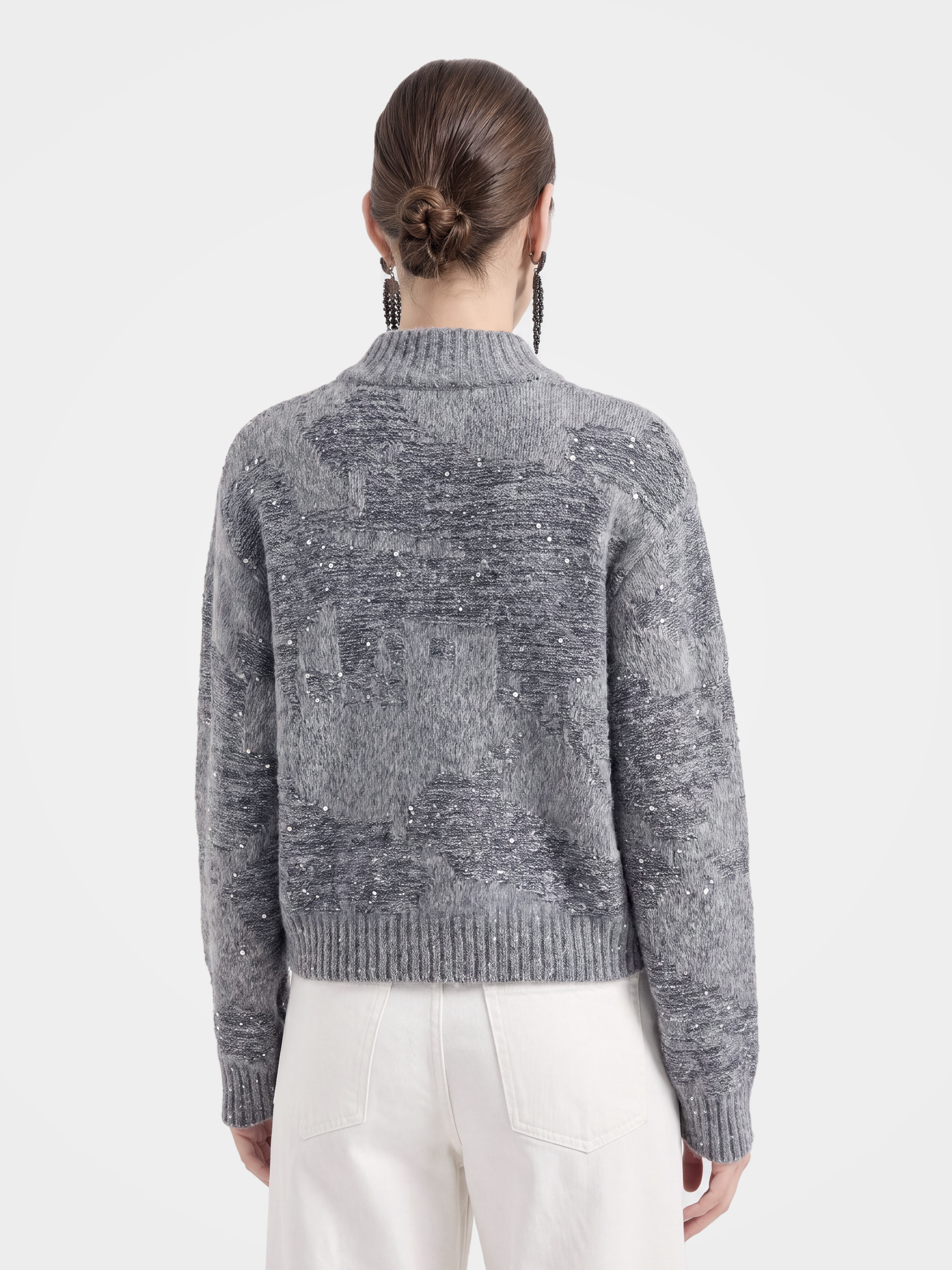 Textured Mongolian Cashmere Mock Neck Cable Knit Sequin Cardigan