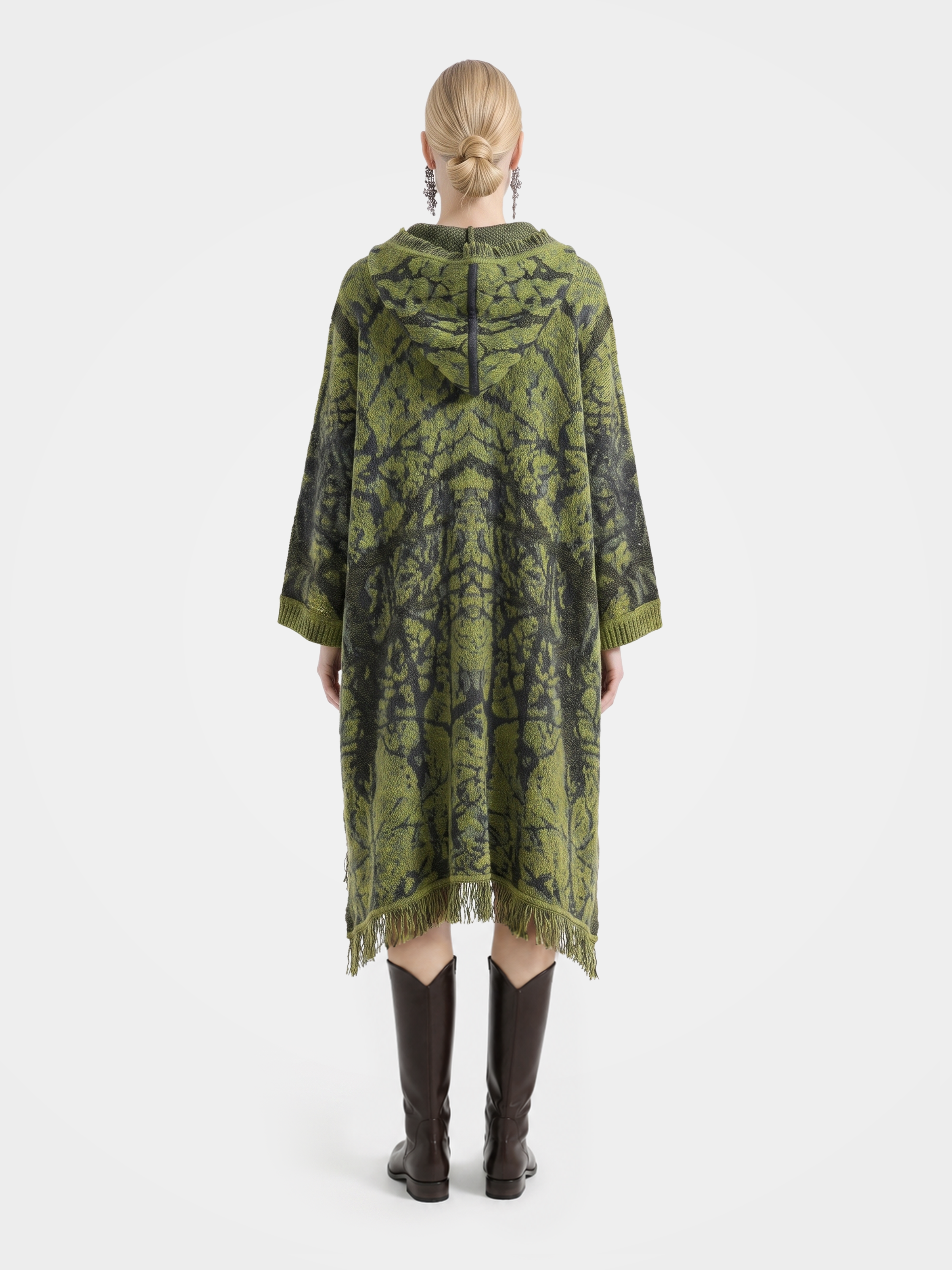 Textured Mongolian Cashmere Hoodie Knitted Fringe Sequin Poncho