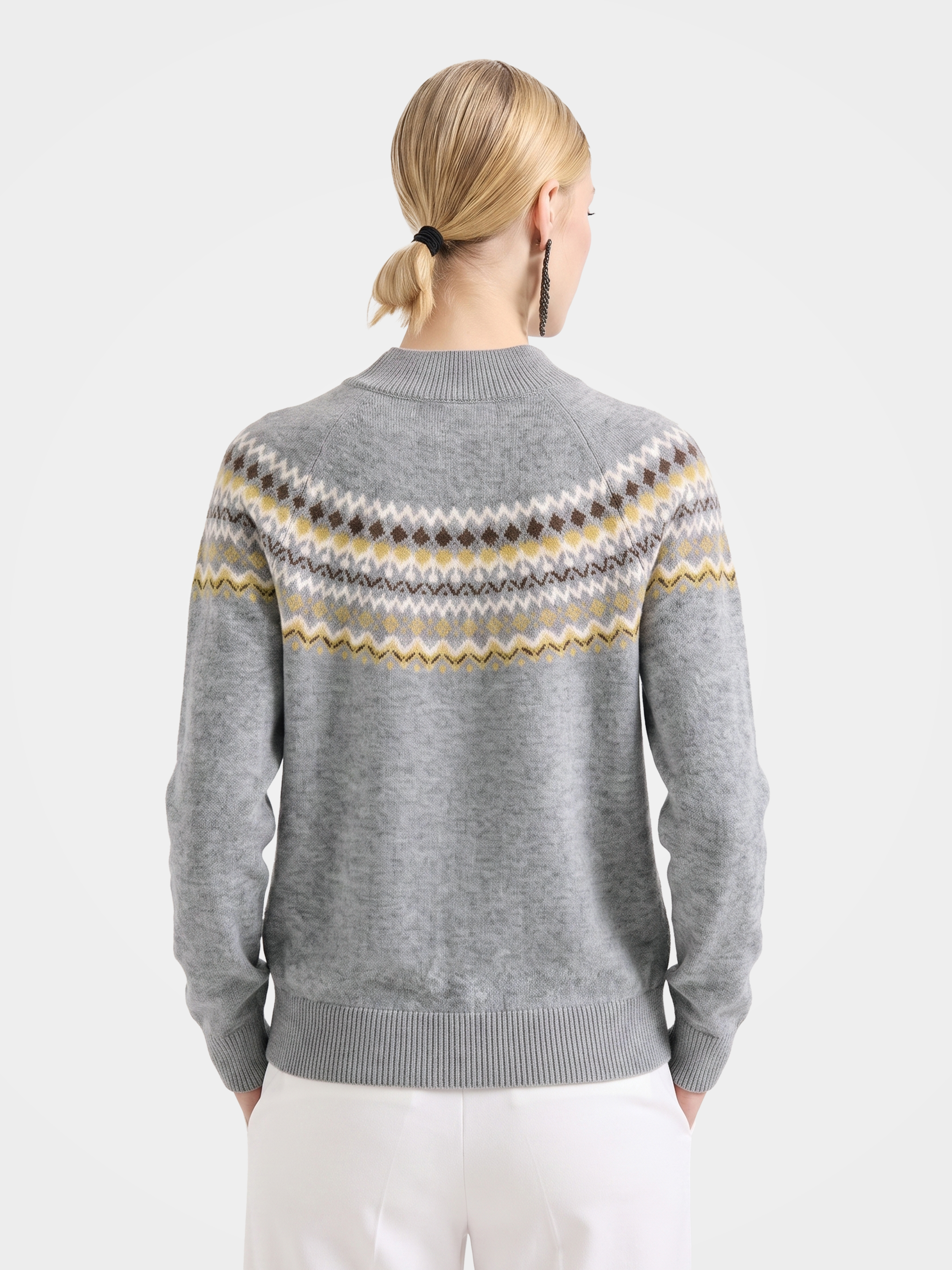 Wool Cashmere Mock Neck Sweater Soft Fair Isle Diamond Knit Pullover