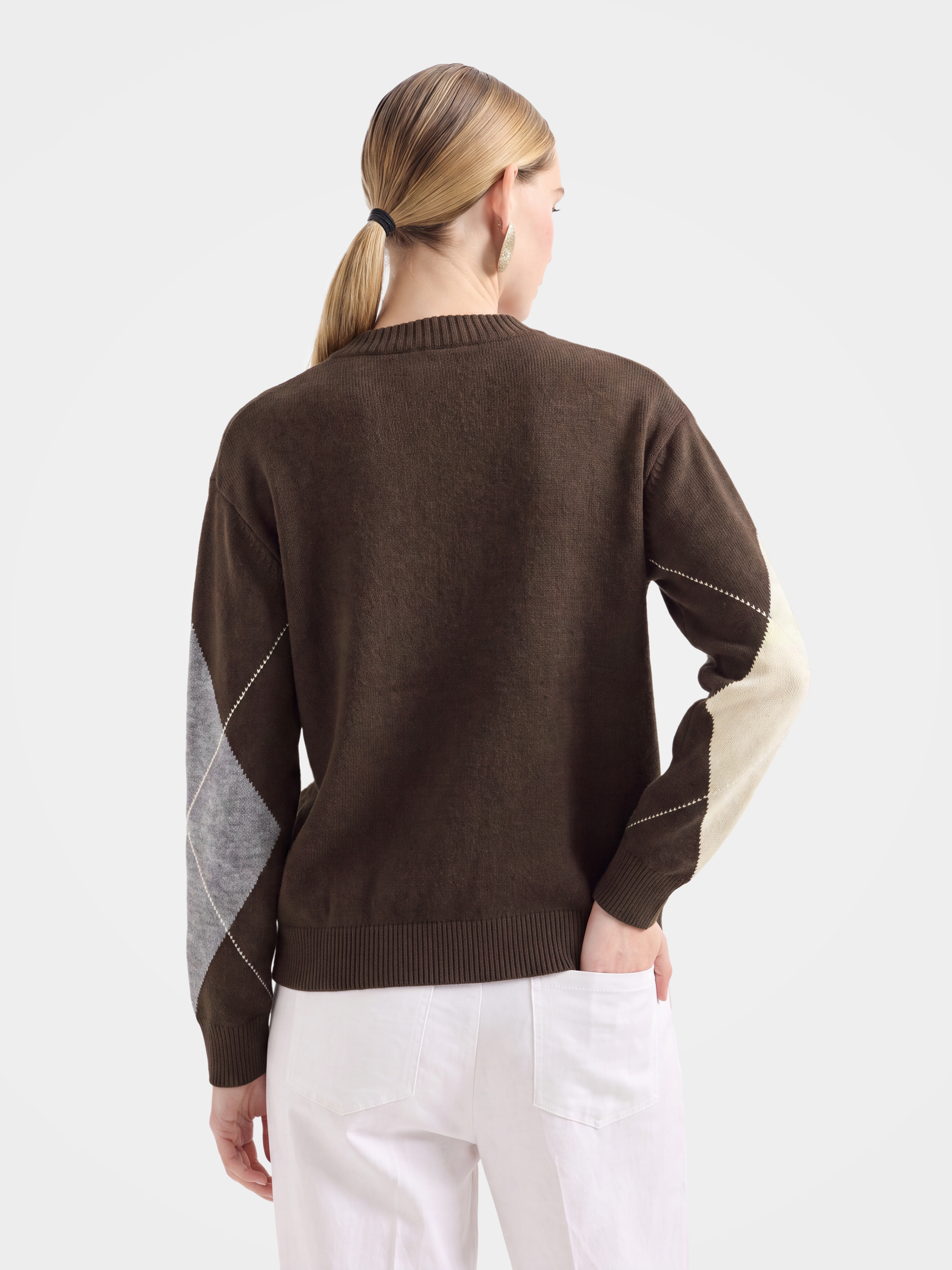 100% Cashmere Crew Neck Oversized Argyle Button Cardigan