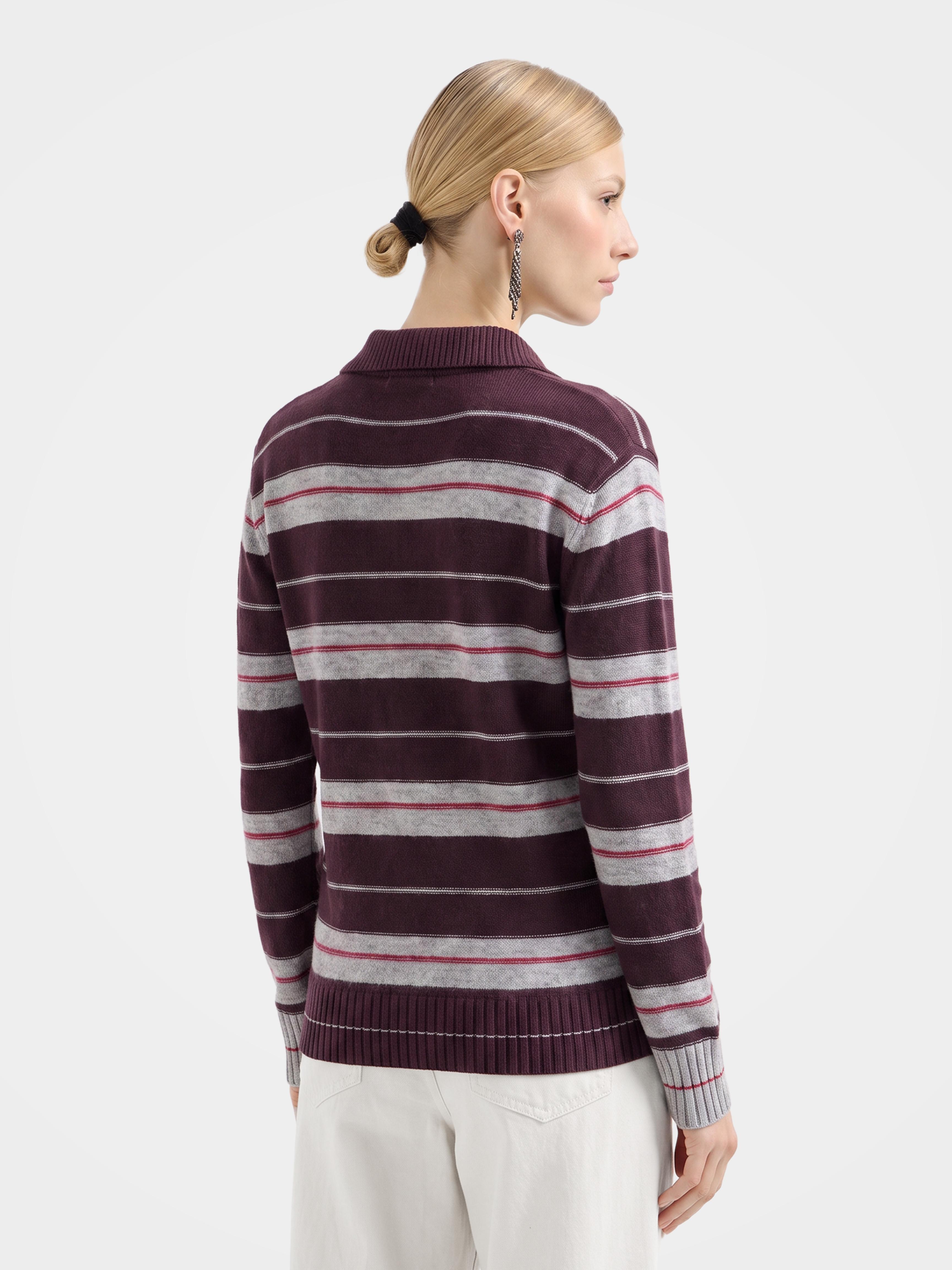 100% Cashmere Striped Polo Collar Knit Sweater