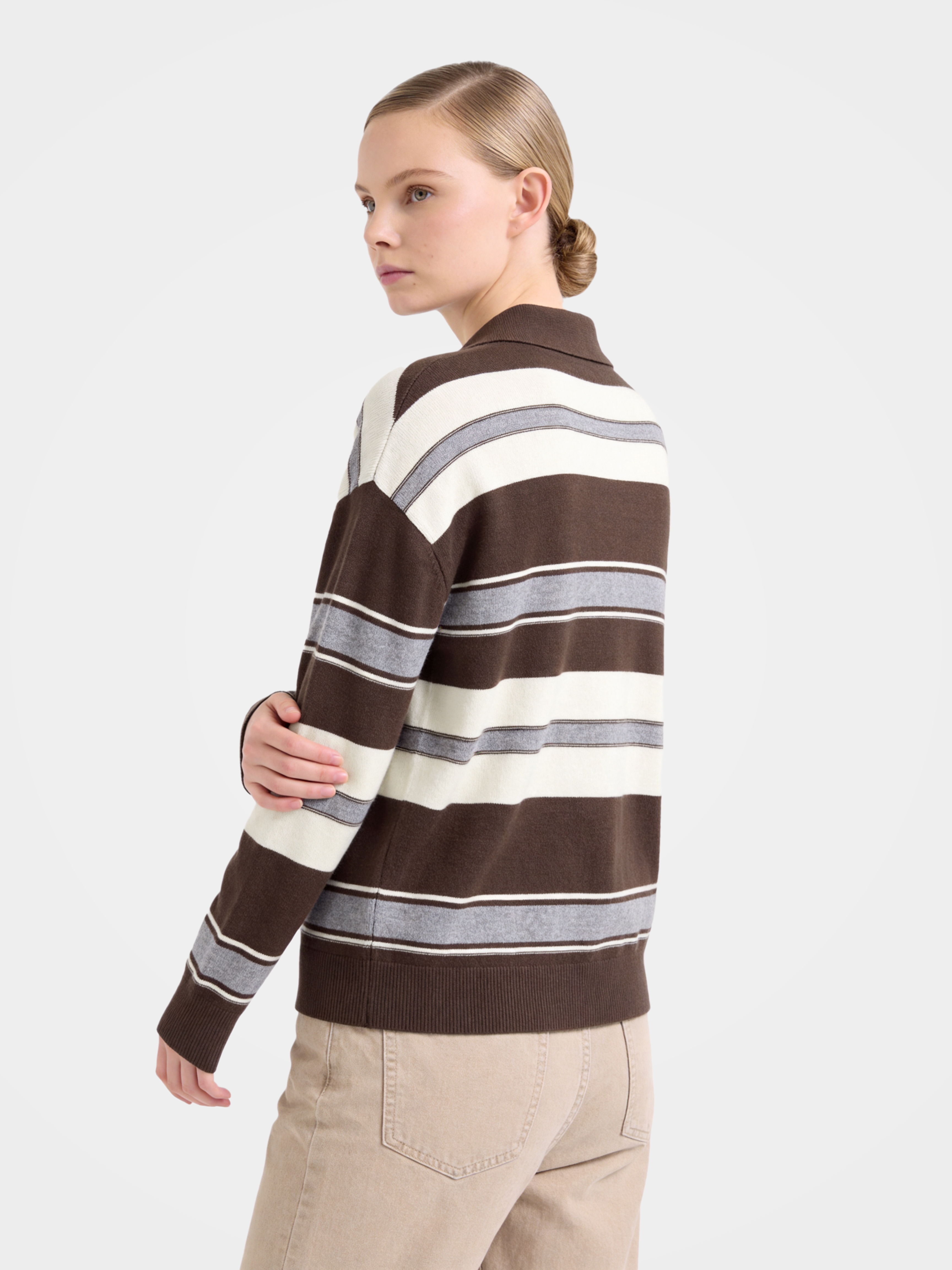 100% Cashmere Striped Polo Collar Long Sleeve Knit Sweater