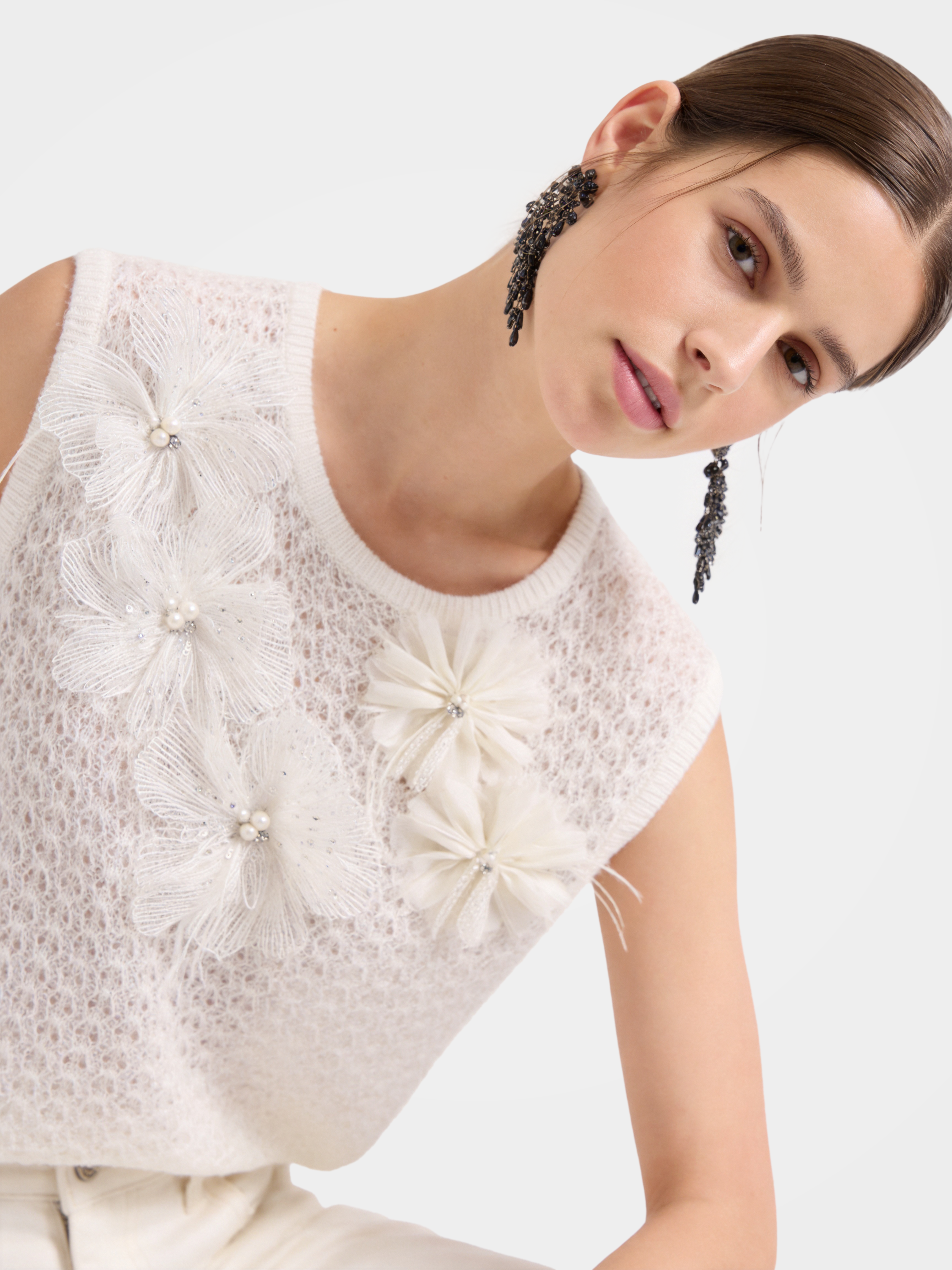 Textured Mongolian Cashmere 3D Floral Knit Vest Sequin Top