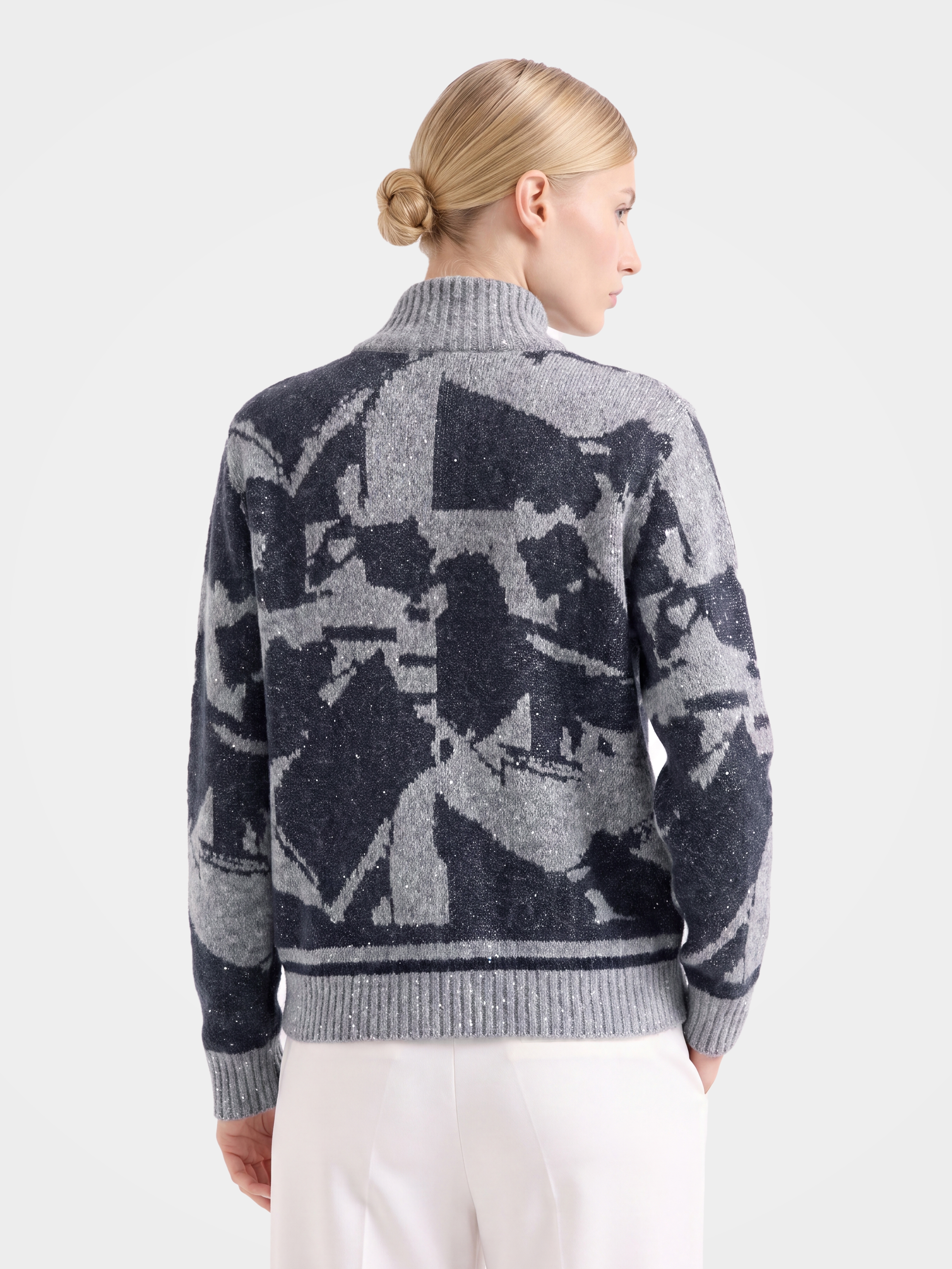 Soft Cashmere Zip Ribbed Jacquard Cardigan Sequin Knit 