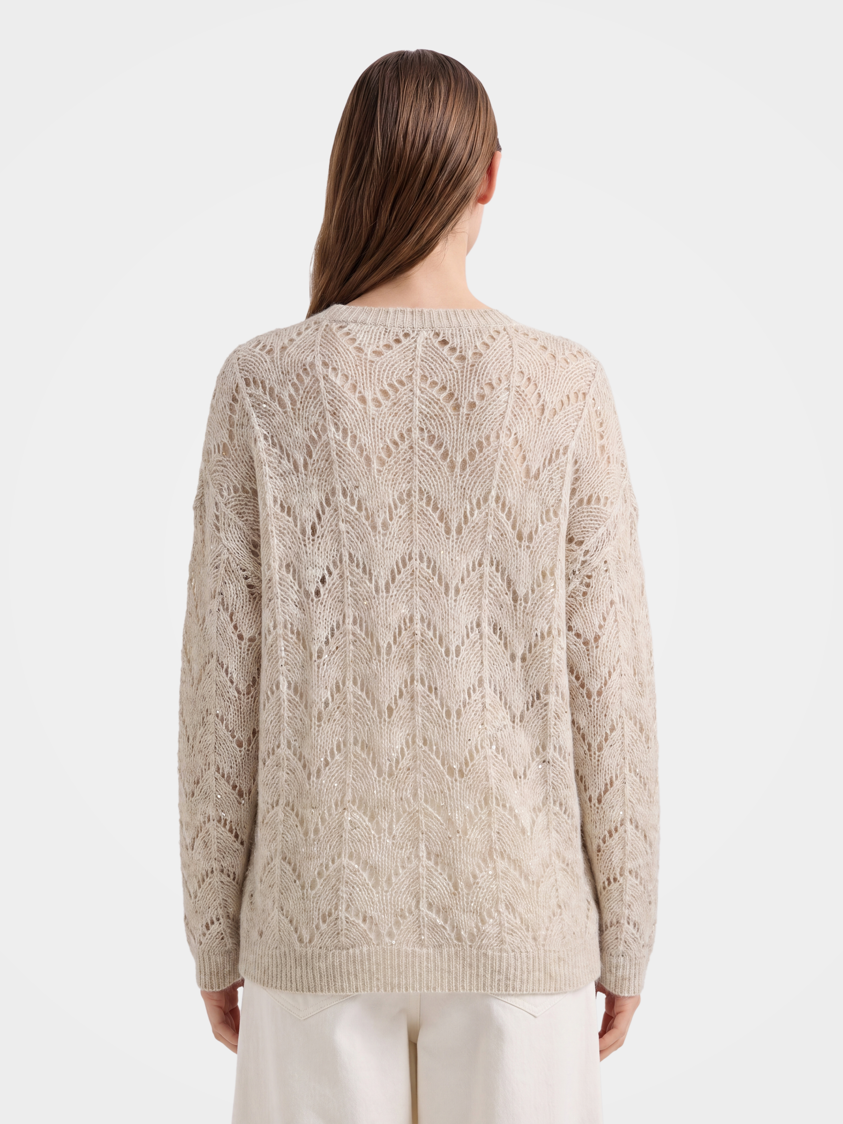 Cashmere Openwork Knit Crew Neck Sequin Sweater