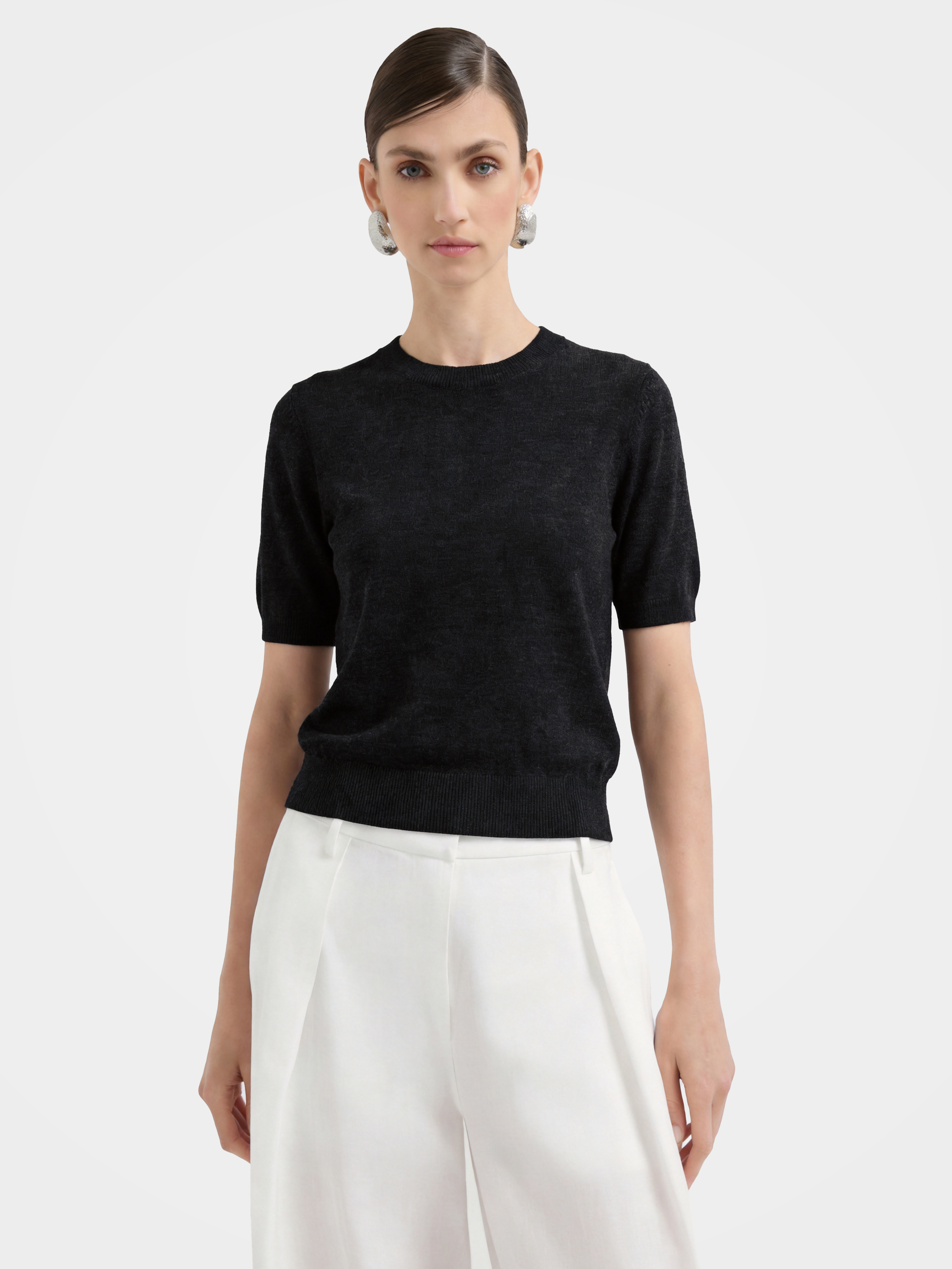 Cashmere Tencel Blend Soft & Lightweight Short Sleeve Knit Top – Crew Neck, Beige/Black/Gray